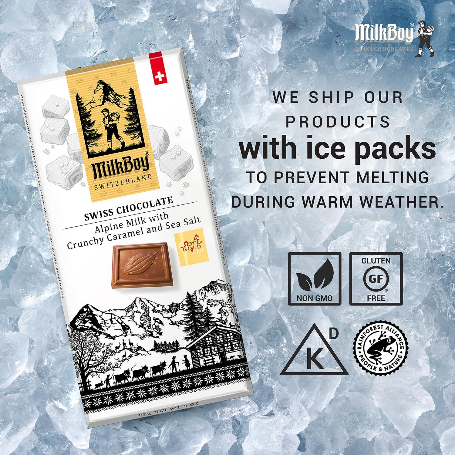 Milkboy Swiss Chocolates Milkboy Swiss Milk Chocolates - Alpine Milk Chocolate Bars with Crunchy Caramel Sea Salt - Gluten-Free Non-GMO All Natural - Made in Switzerland - 3 oz, Pack 5