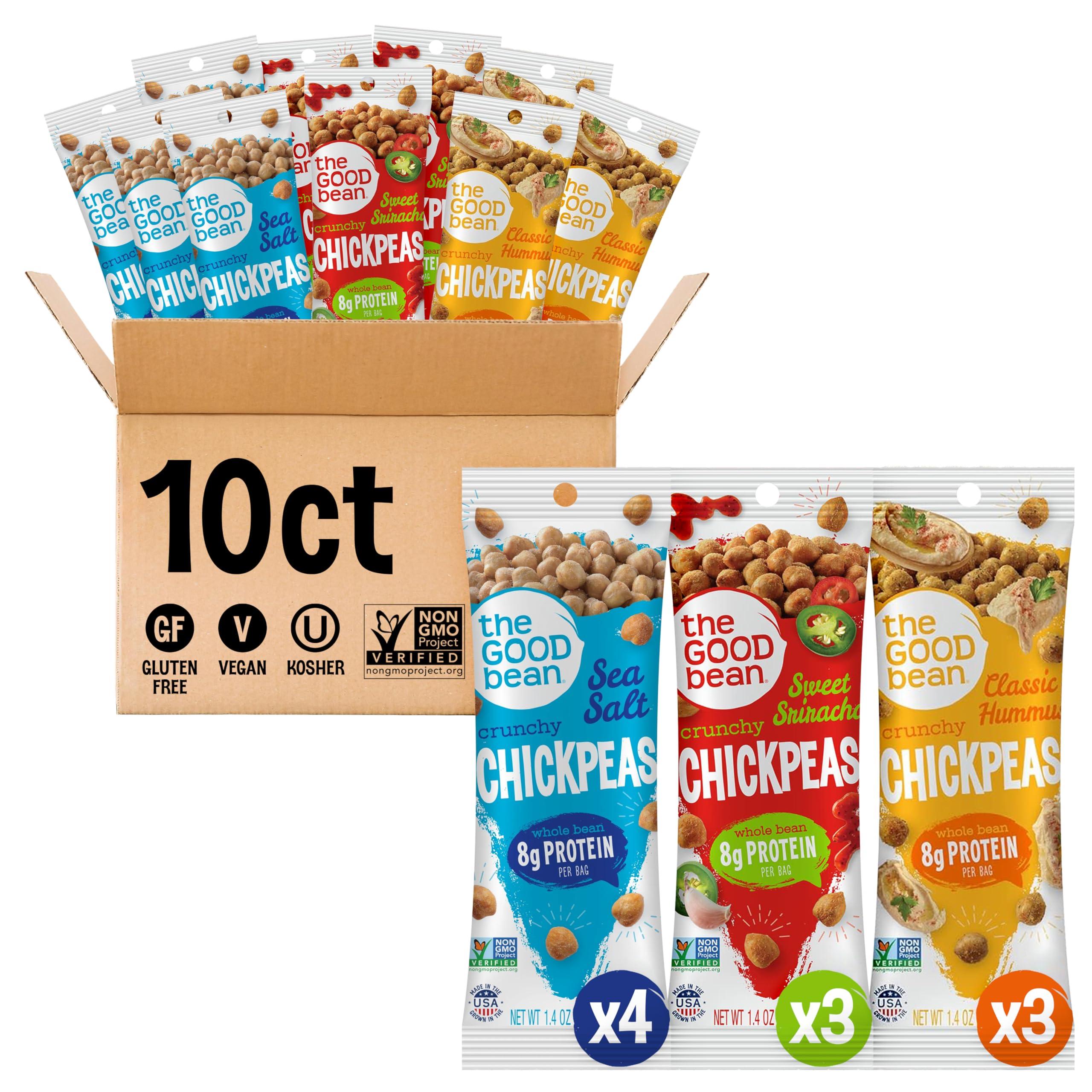 The Good Bean The Good Bean Crunchy Chickpeas - Variety Pack - (10 Pack) 1.4 oz Packet - Sweet Sriracha, Sea Salt, and Classic Hummus Roasted Chickpea Beans - Vegan Snack with Good Source of Plant Protein and Fiber