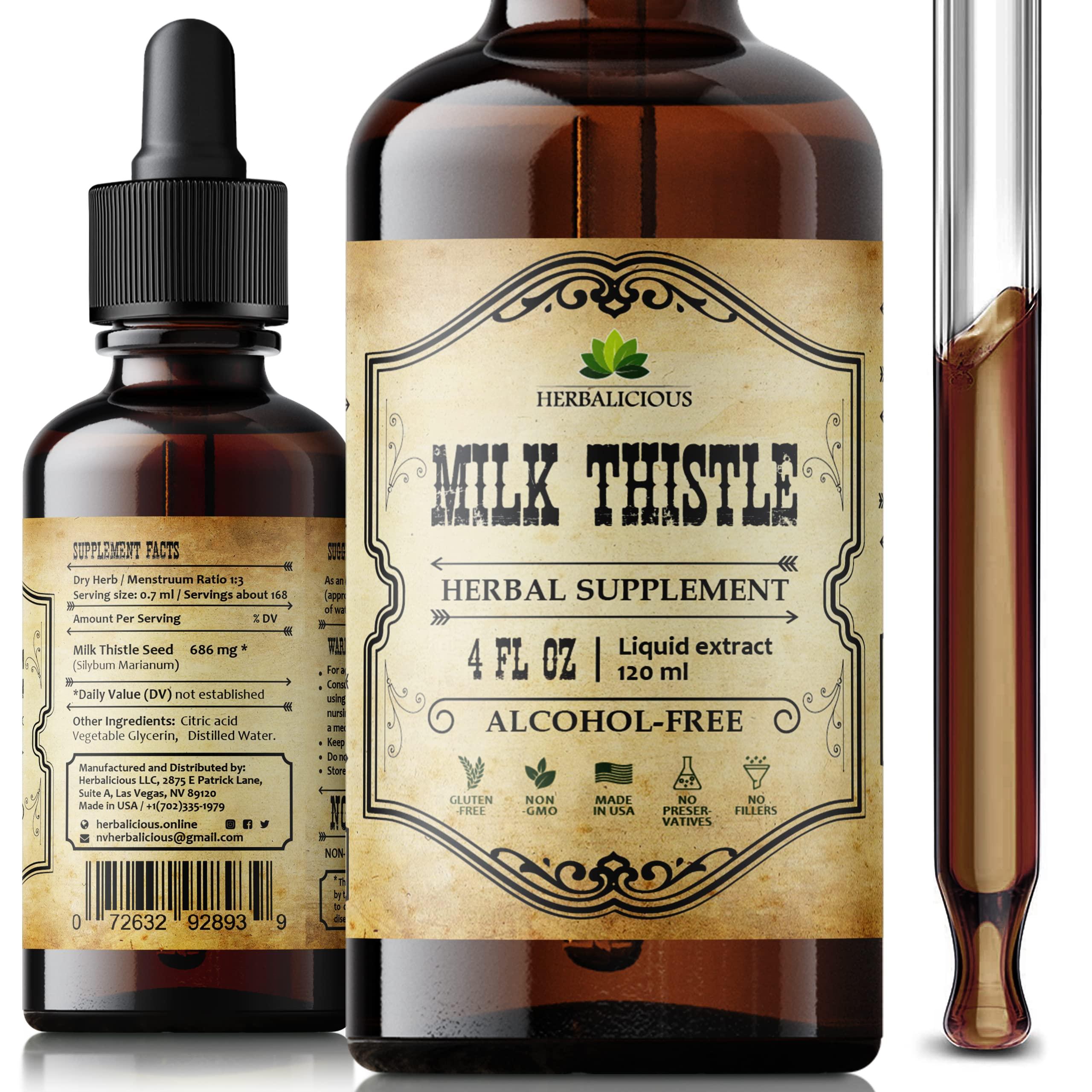 HERBALICIOUS Milk Thistle Extract - All-Natural Cleanse and Detox Supplement for Liver Support, Immune System Boost and Skin Health - Silymarin Nutritional Supplement - 4 Fl Oz