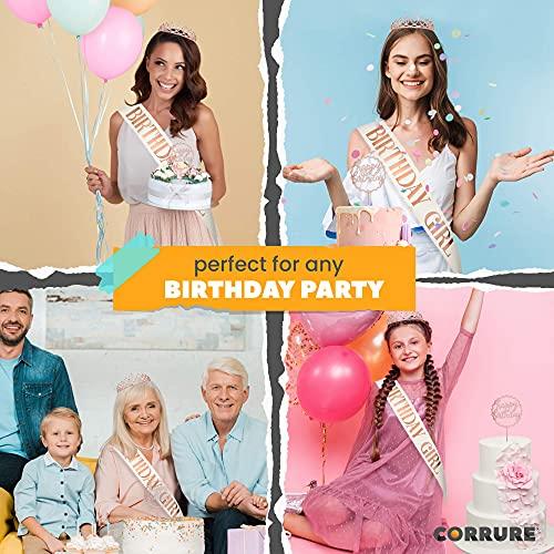 CORRURE CORRURE 'Birthday Girl' Sash, Rhinestone Tiara, and Cake Topper Set - Happy Birthday White Glitter Sash and Crown for Women's Sweet 16, 18th 21st 25th 30th 40th 50th or Any Other Bday Party