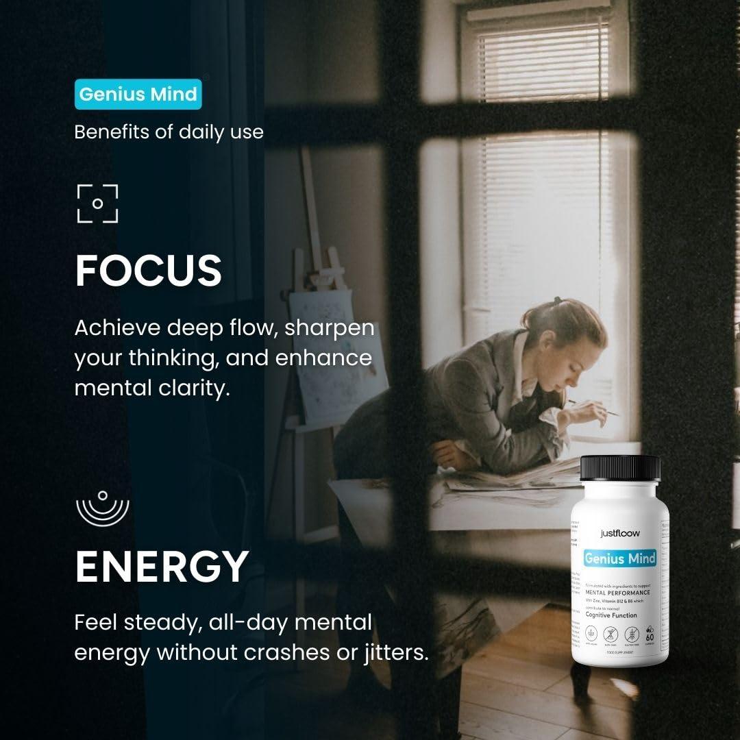 JustFloow JustFloow Genius Mind Nootropic Brain Supplement, Support Cognitive Function, Energy Levels, Focus & Memory Function - 17 Brain Boosting Ingredients Including Lions Mane, Bacopa, Ginkgo & Vitamin B12
