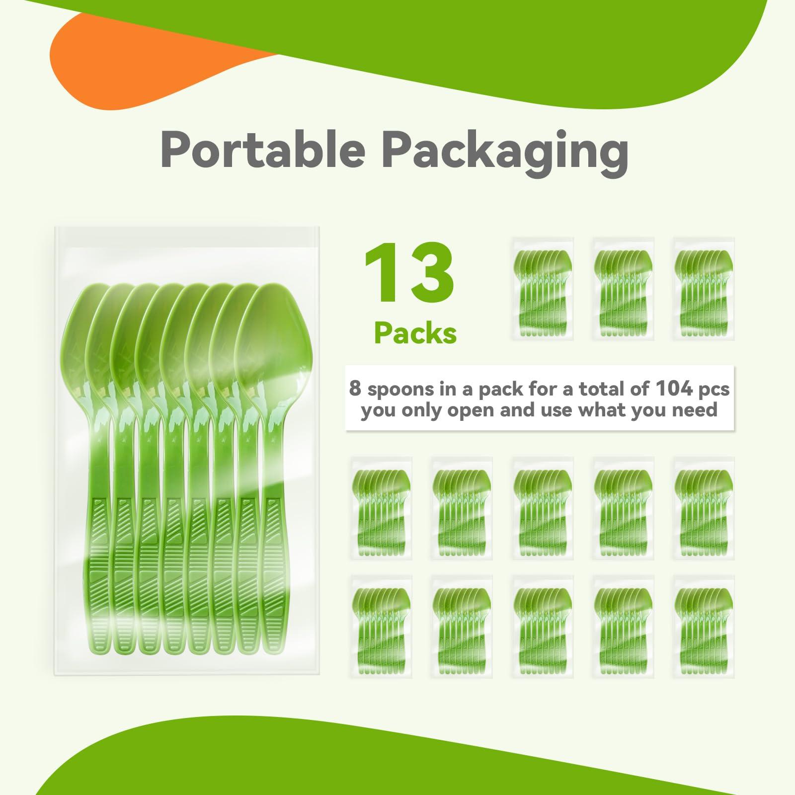 FUEVING Kiwi Green Plastic Spoons Heavy Duty, Disposable Party Supplies 104 PCS