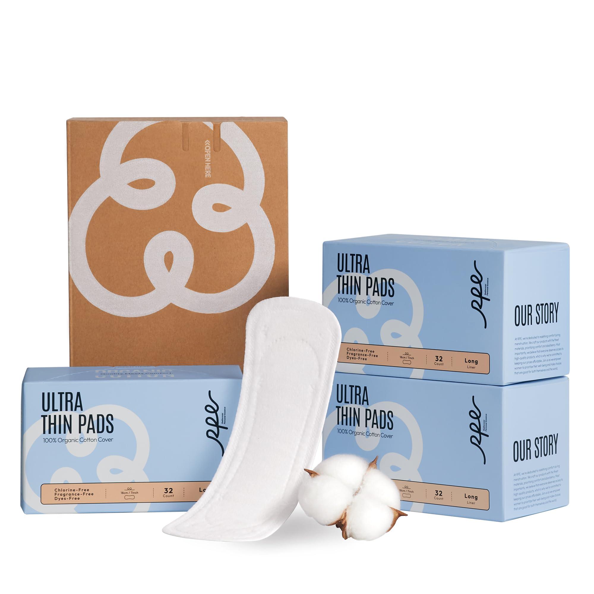 RPE Life 100% Organic Long Panty Liners for Women Long, Ultra Thin Cotton Cover, Long Pantiliners, Light Absorbency, Unscented Barely There Pantie Liners, Individually Wrapped (Long Liner, Size 2, 96ct)