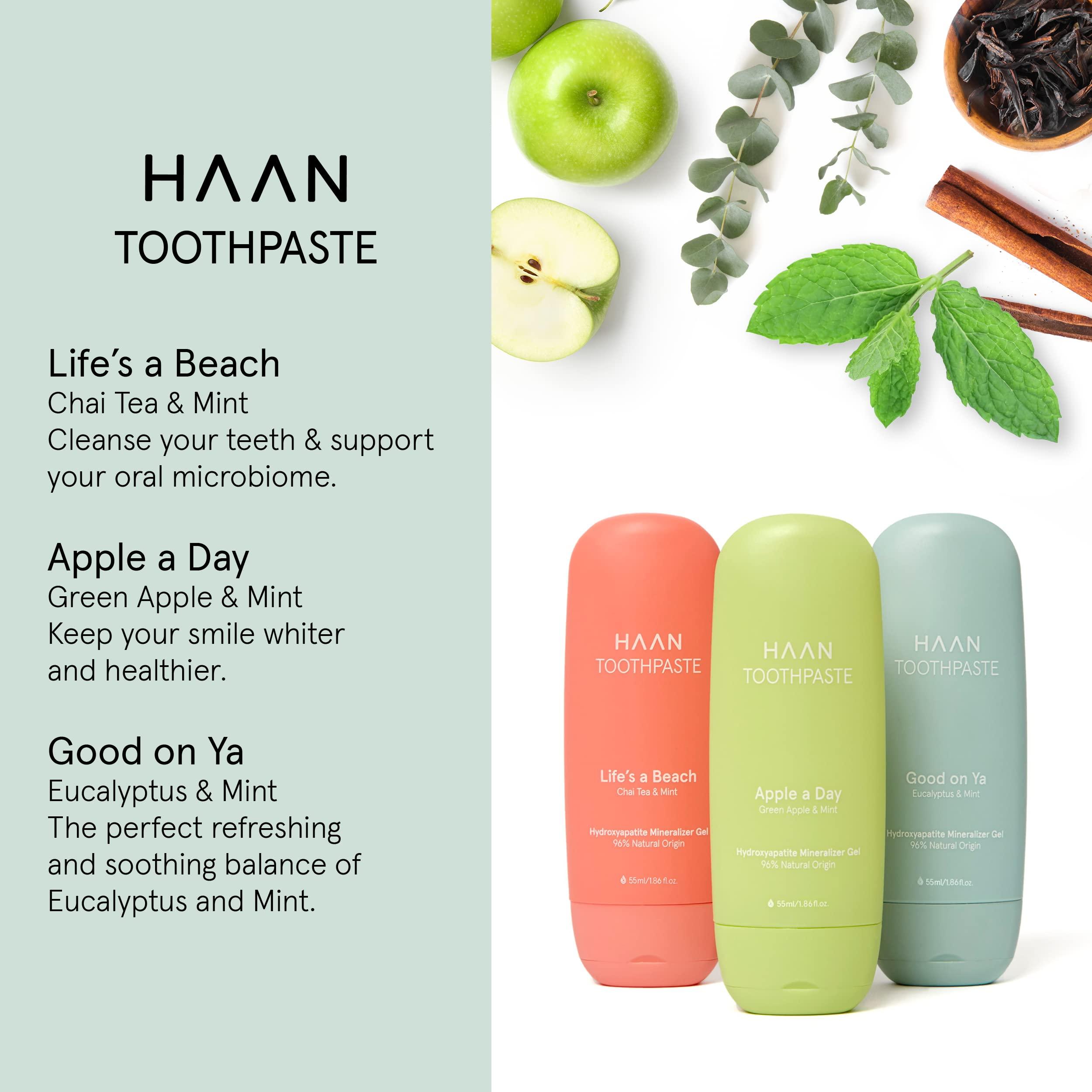 HAAN HAAN Natural Toothpaste Made with Clean, Vegan Ingredients for Cavity Protection | Parabens, Sulfates & Charcoal Free | 1 of Flavor of Each: Life's a Beach, Good on Ya & Apple Day (Pack 3 Bottles)