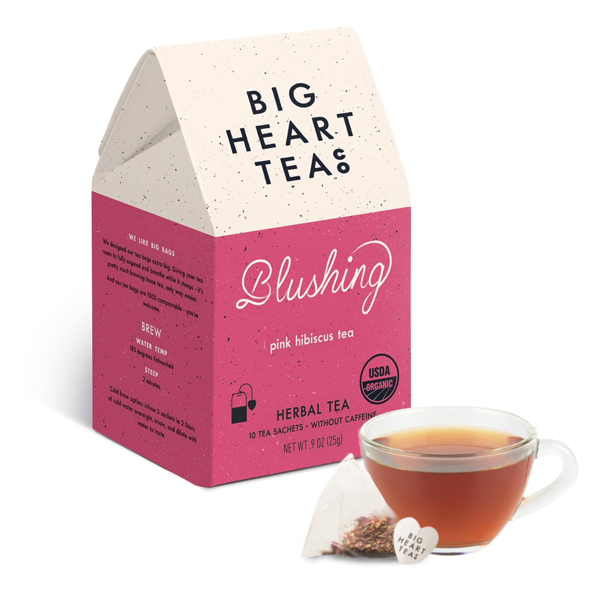 Big Heart Tea Co. Big Heart Tea Co. Tea Bags - Blushing Pink Hibiscus - Certified Organic, Naturally Sweet Ayurvedic Herbal Decaf Tea with Small Batch Ground Herbs - Adaptogenic Tulsi and Lemongrass, 10 Tea Bags