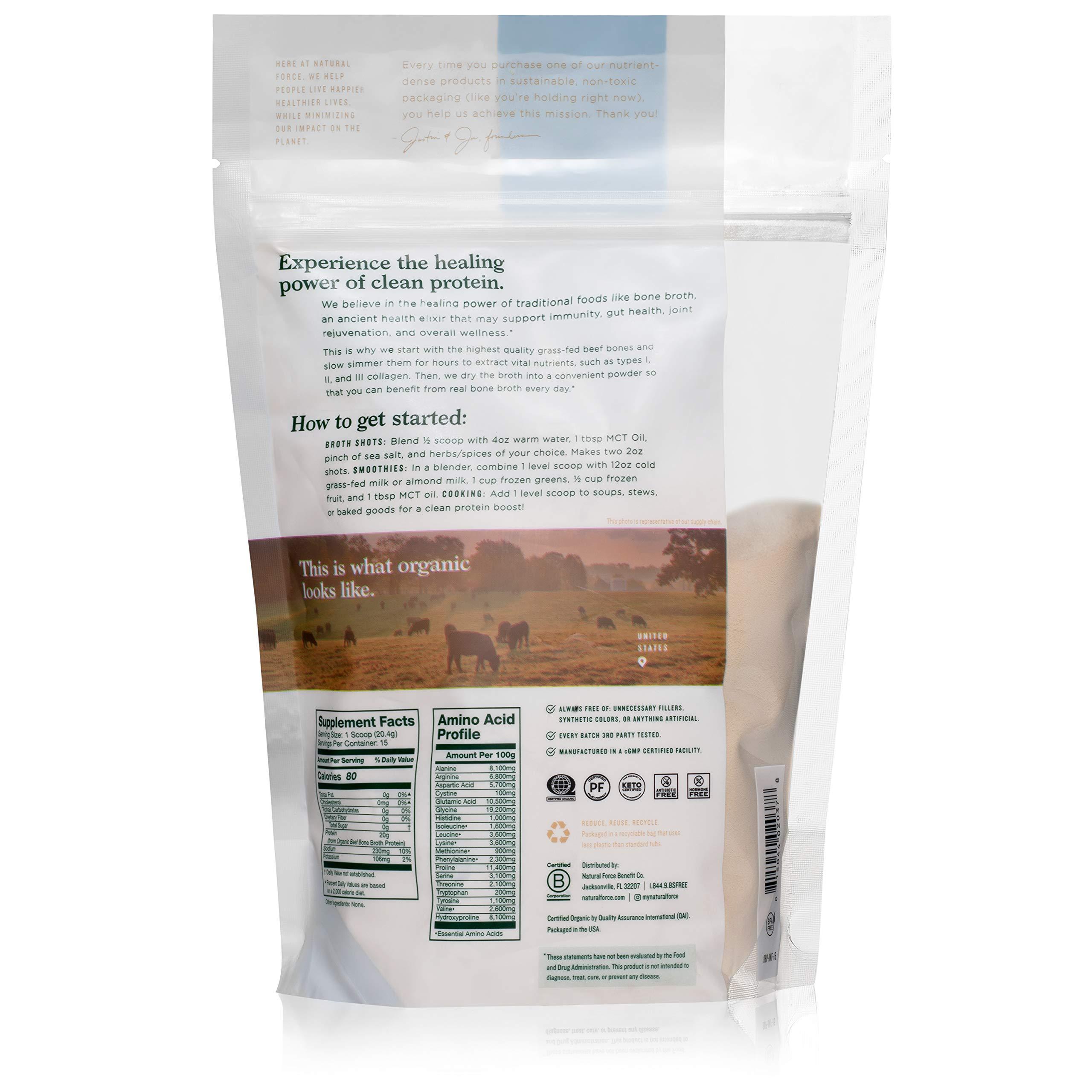 Natural Force Natural Force - Pure Organic Bone Broth Protein Powder, Grass-Fed & Keto Certified, Types I, II & III Collagen, Unflavored, Perfect for Soups & Cooking, 10.8 oz
