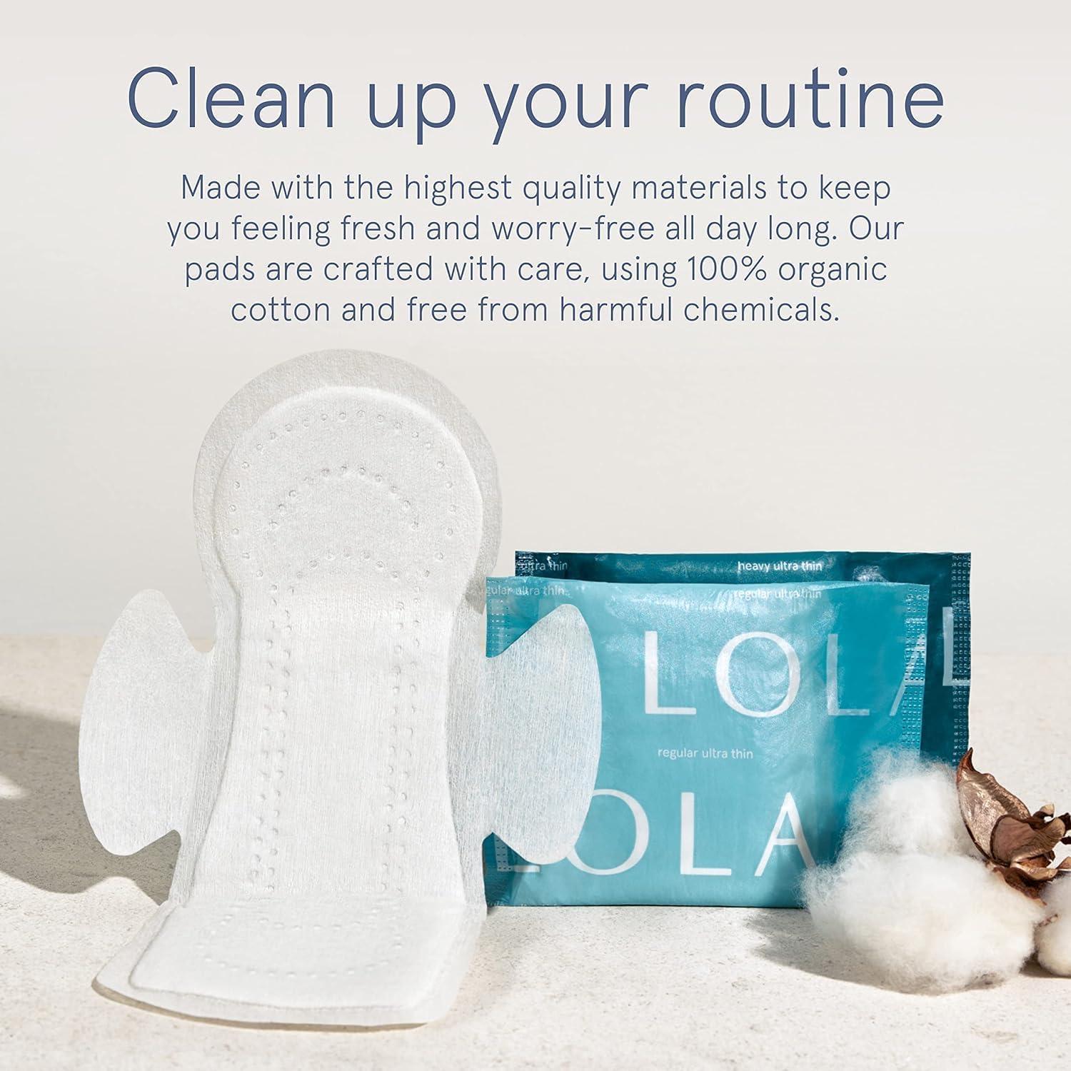 LOLA LOLA Organic Cotton Pads, 36 Count - Ultra Thin Pad with Wings, Cotton Organic Pads for Women, HSA FSA Approved Products Feminine Care, Regular