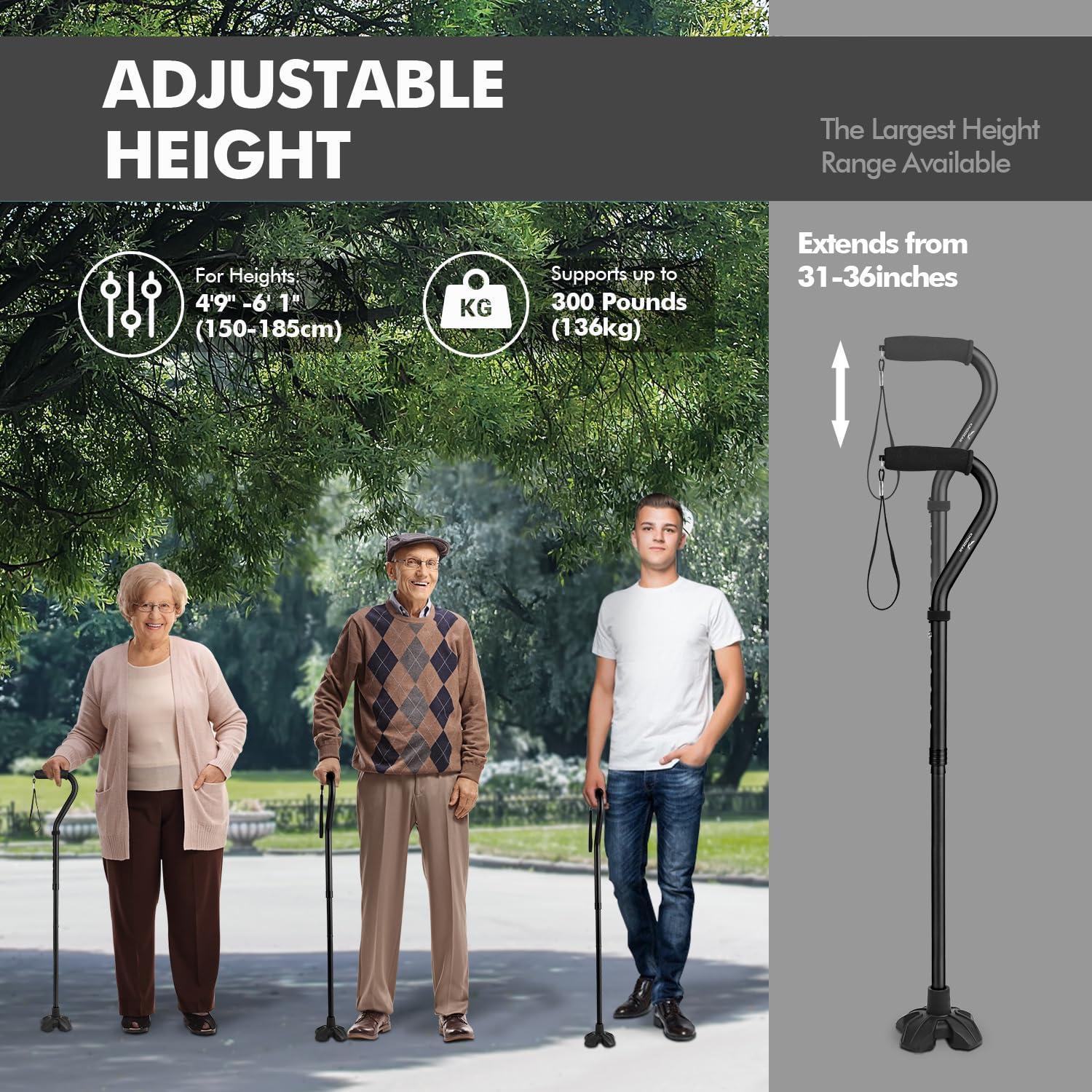 KINGGEAR KINGGEAR F1 Walking Stick, Walking Cane for Women & Men with Wrist Strap, Lightweight & Sturdy Offset EVA Handle, Large Quad Base, Self Standing for Seniors and People with Injuries & Recovery