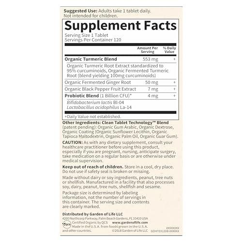 Garden of Life Garden of Life Organics Extra Strength Turmeric Inflammatory Response 120 Tablets-100Mg Curcumin (95% Curcuminoids) Black Pepper, Probiotics, Organic Non-GMO Vegan Gluten Free Herbal Supplement