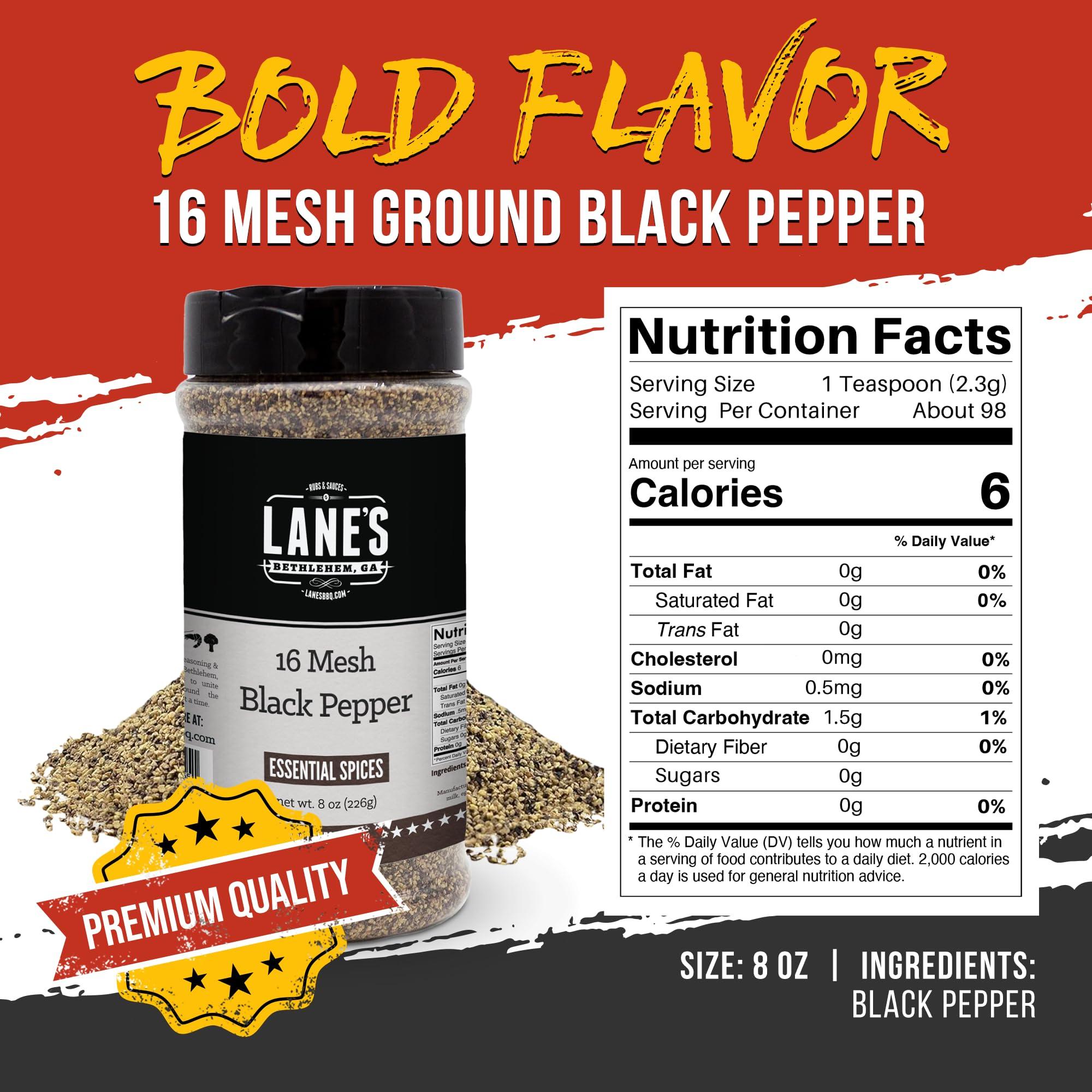 Lane's Lane\'s 16 Mesh Ground Pepper Seasoning, All-Natural Coarse Black Pepper Ground Spice, No Preservatives Coarse Ground Black Pepper, Made in USA, 8 Oz