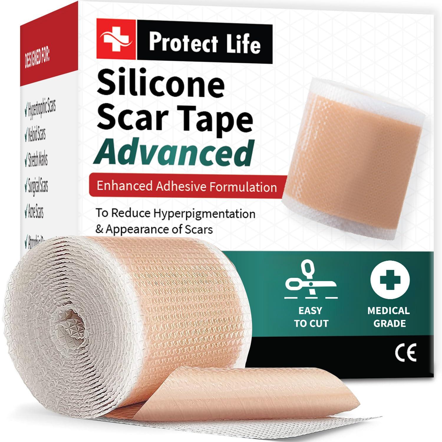 Protect Life Medical Grade Silicone Scar Tape Advanced Adhesive Formulation (1.6" x 118") Scar Removal Away Strips for Surgical Scars, Silicone Tape & Keloid Scar Treatment, Reusable Silicone Scar Sheets