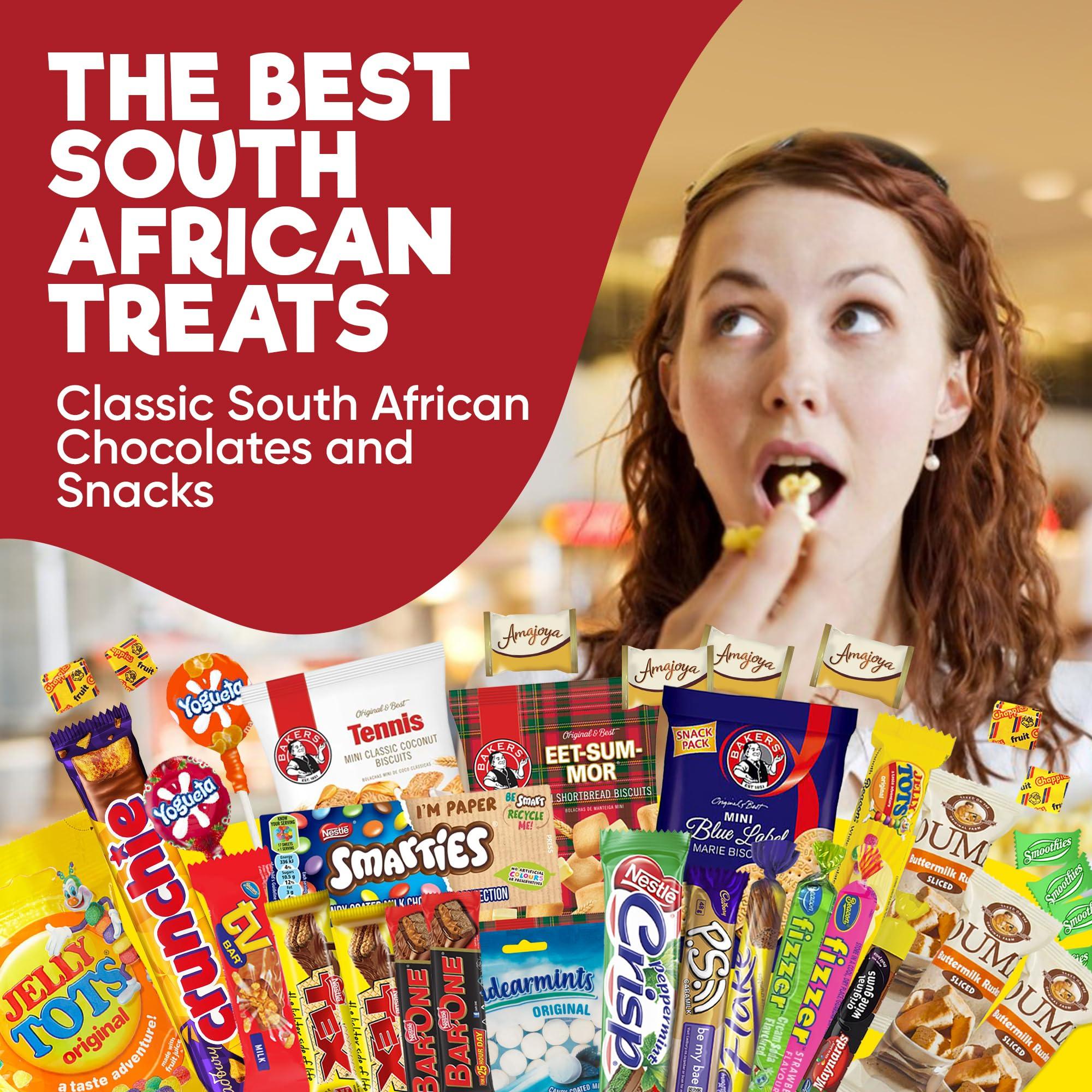 Happy Tucker Treats from Home South African Snacks Food Box | Authentic African Candies, Chocolate Bars, & Treats | Perfect Christmas Gifts Includes Ouma Rusks, Smarties, & More | Best South African Products Care Package for Gifting & Sharing - 36 Units