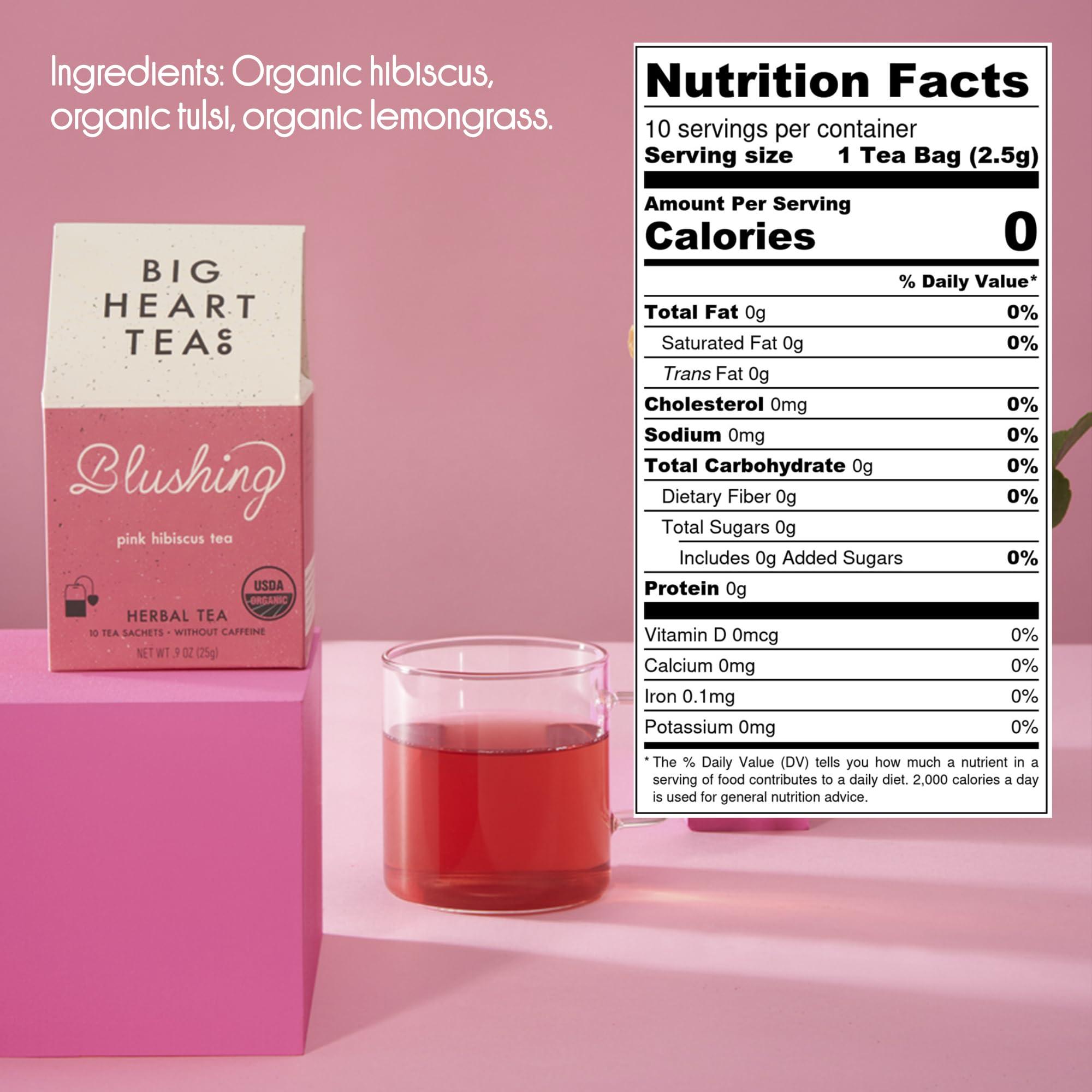 Big Heart Tea Co. Big Heart Tea Co. Tea Bags - Blushing Pink Hibiscus - Certified Organic, Naturally Sweet Ayurvedic Herbal Decaf Tea with Small Batch Ground Herbs - Adaptogenic Tulsi and Lemongrass, 10 Tea Bags