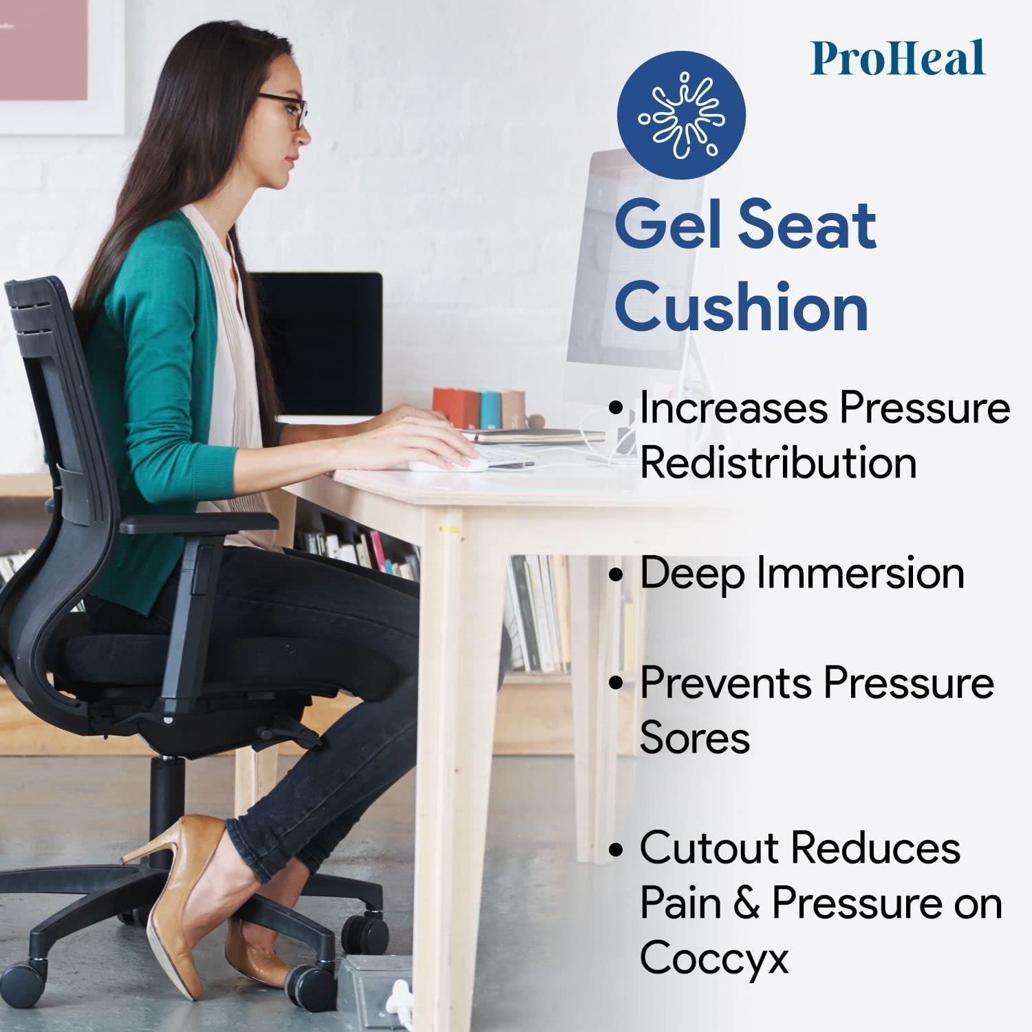 ProHeal Gel Coccyx Wheelchair Seat Cushion - Tailbone Pressure and Pain Relief - Gel Infused High Density and Resilient Foam with Coccyx Cut Out - 18\" x 16\" - 2 Low Profile - 1 Year Warranty