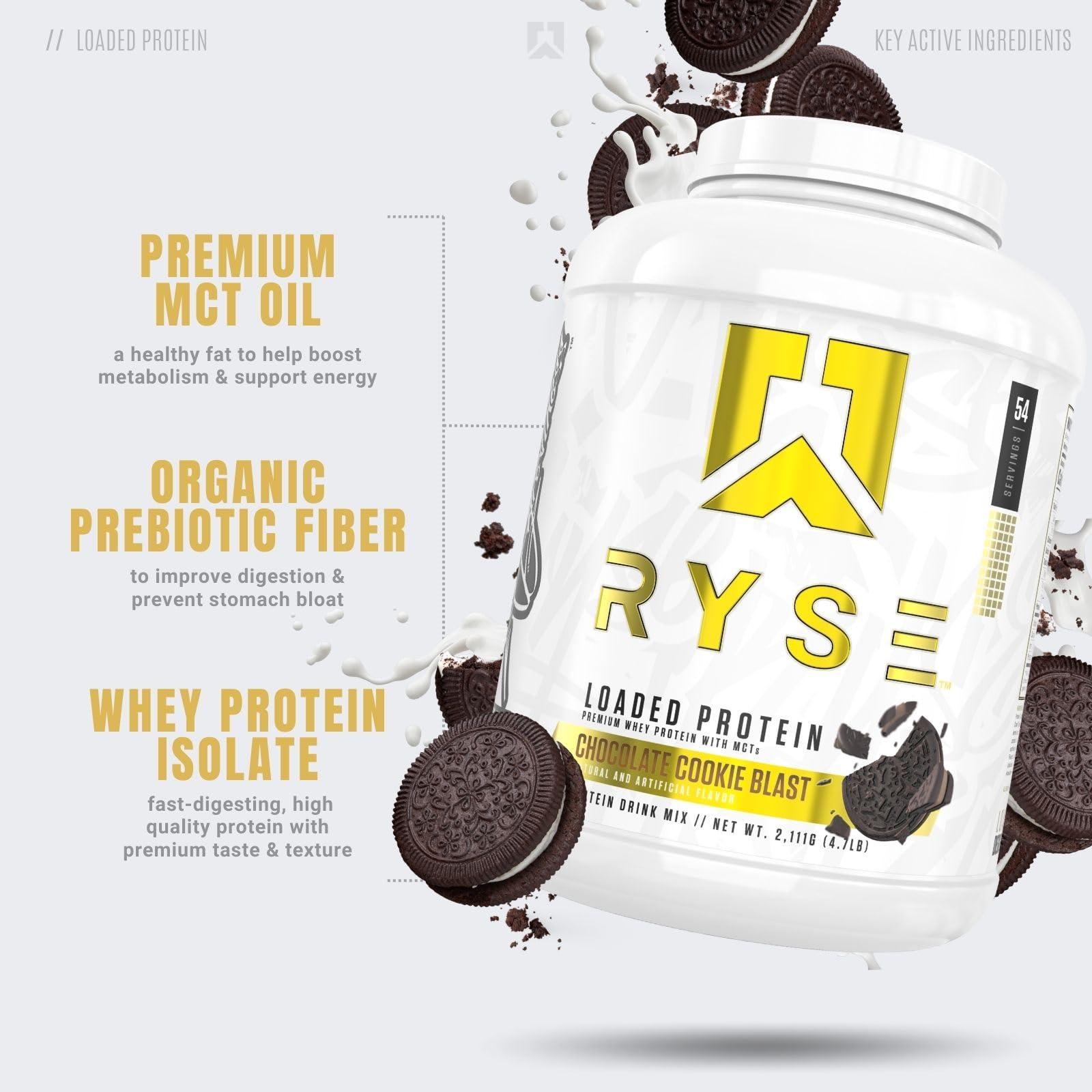 RYSE Up Supplements Ryse Loaded Protein Powder | 25g Whey Protein Isolate & Concentrate | with Prebiotic Fiber & MCTs | Low Carbs & Low Sugar | 54 Servings (Chocolate Cookie Blast)