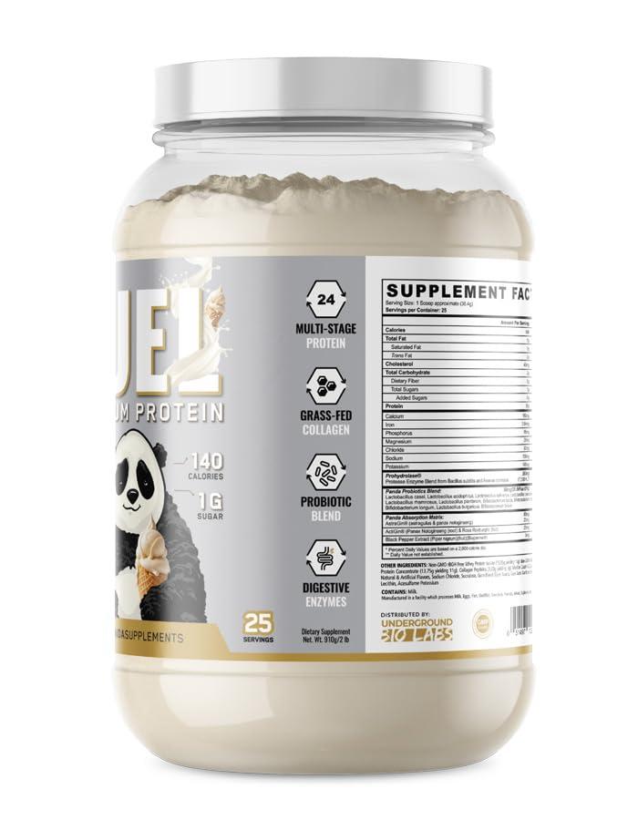 Underground Bio Labs PANDA FUEL Premium Protein Non-GMO Whey Protein Isolate ,Grass-Fed Hydrolyzed Collagen, Whey, Casein Protein, Egg Protein, Pro-Biotics, Digestive Enzymes.Multi-Stage 25 Servings (Vanilla Ice Cream)