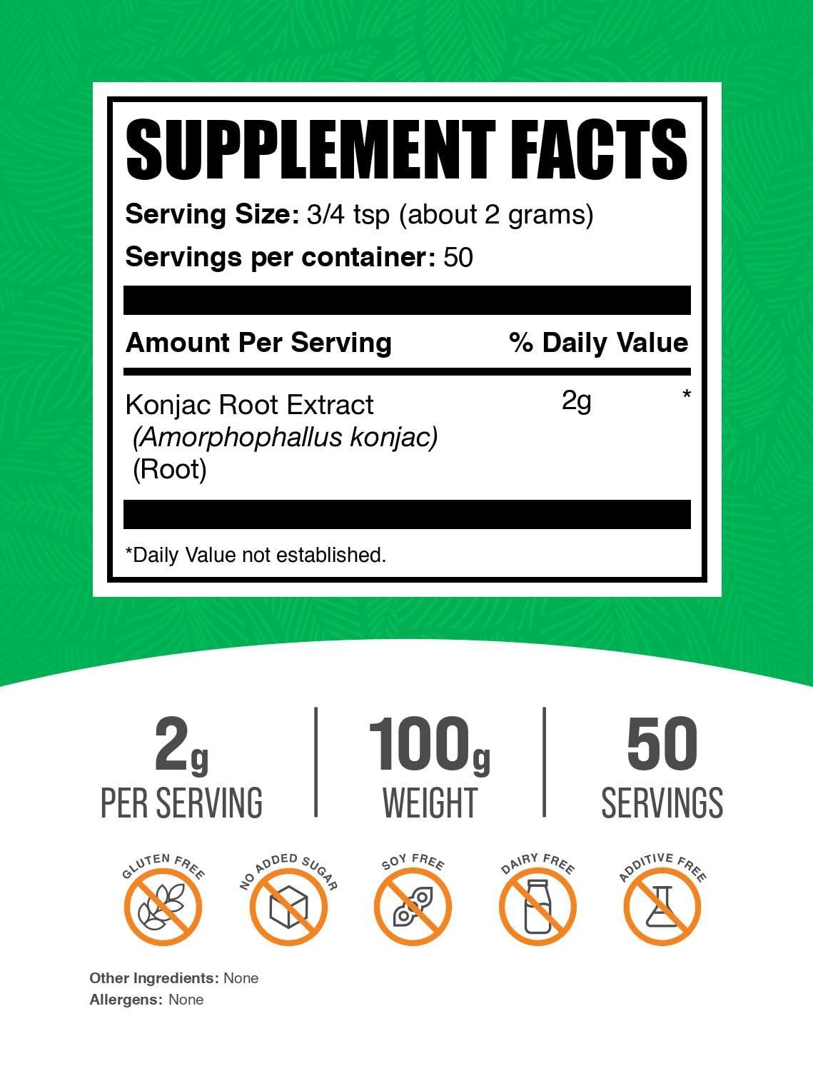 BulkSupplements BulkSupplements.com Glucomannan Powder - Konjac Root Extract Powder, Fiber Supplement Powder, Konjac Powder - Gluten Free, 2g per Serving, 100g (3.5 oz) (Pack of 1)