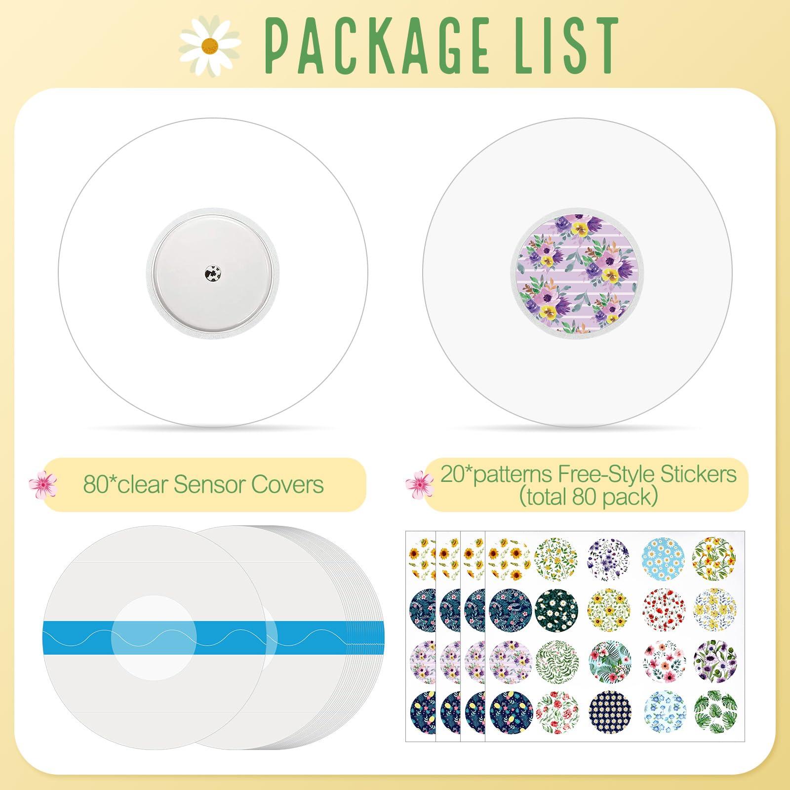 Colarr 80 Pcs Waterproof Sensor Covers Compatible with Libre 2 & Freestyle Libre and 80 Sensor Stickers Set Transparent Adhesive Patches Sensor Covers(Flower)