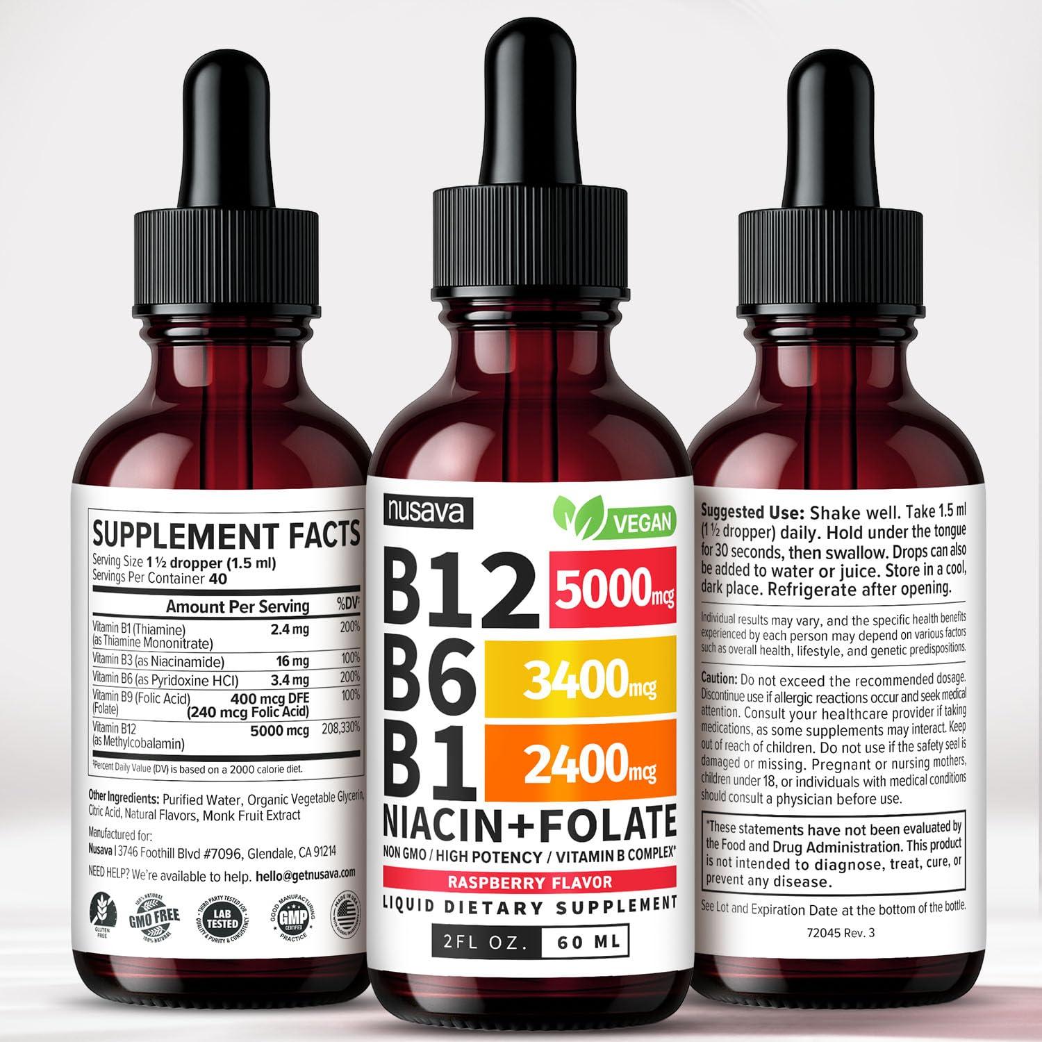 NUSAVA NUSAVA (4 Pack) Vitamin B12 and B6 Liquid Drops, Sublingual Vitamin B Complex B12 Methylcobalamin for Energy, Brain, Heart Support with 27,200 mcg, 80 Servings