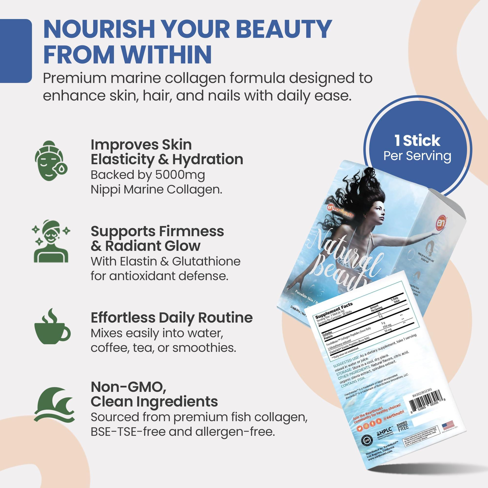 EarthNutri EarthNutri Marine Collagen Peptides Powder Supplement for Skin, Hair & Nails Enhances Skin Elasticity & Hydration Hydrolyzed Collagen 5000mg per Serving Non-GMO Ocean Breeze (30 Sticks Pack)