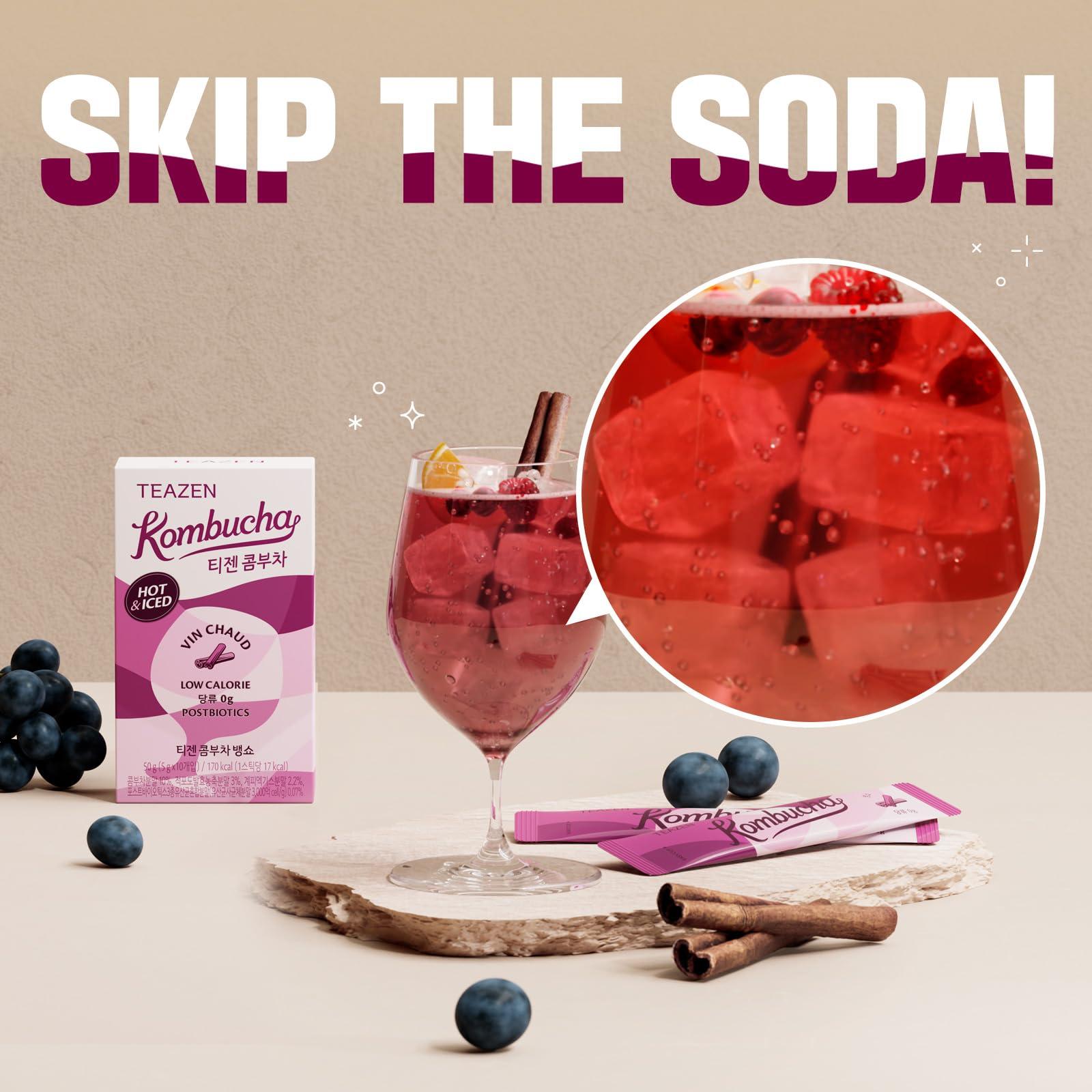 TEAZEN TEAZEN Mulled Wine Kombucha Tea, Spice Tea, Live Probiotics & Postbiotics, Relaxation and Warmth for Colds and Sore Throat, Electrolyte & Hydration Drink Mix, Sugar Free, 10 Sticks, 1.76oz