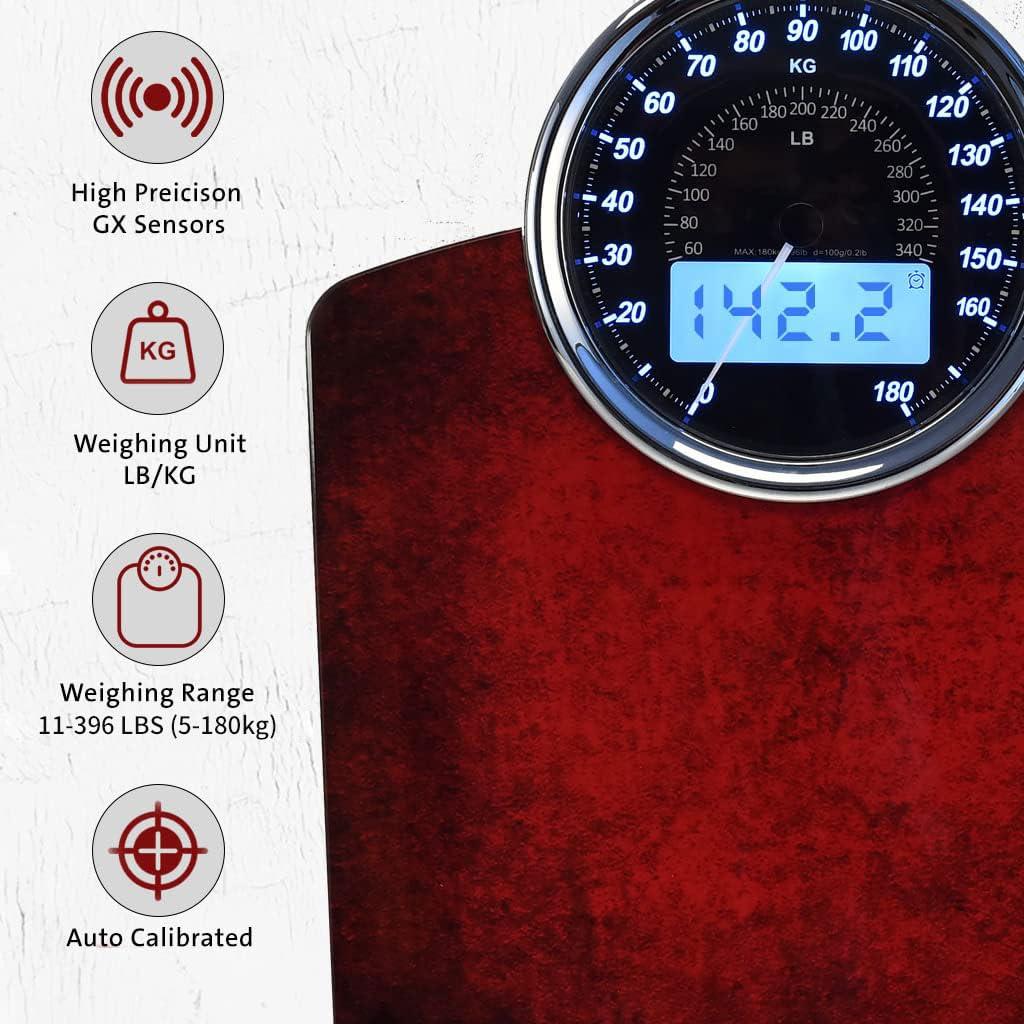 EILISON EILISON Highly Advance 2-in-1 Digital & Analog Weighing Scale for Body Weight-400lbs, 4 High Precison GX Sensor Accurate, Thick Tempered Glass, Extra Large Display (red)