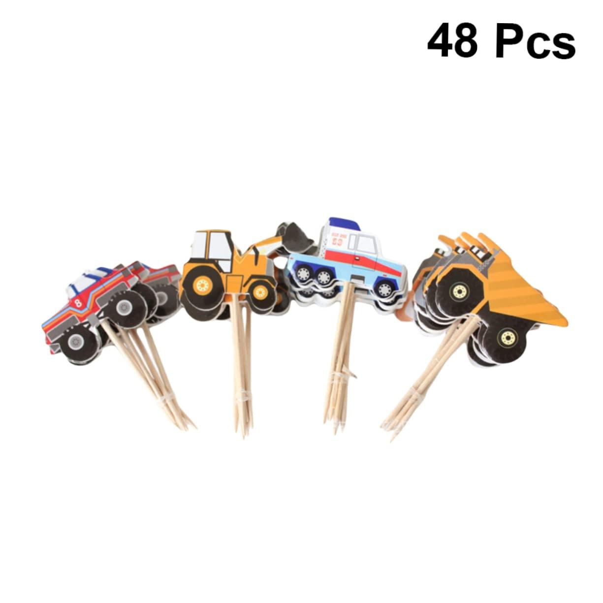 VICASKY VICASKY 48pcs Creative Cake Toppers Gold Cupcake Liners Birthday Construction Sign Monster Truck Cupcake Toppers Party Toppings Containers with Lids Supplies Baking Decorations Wooden
