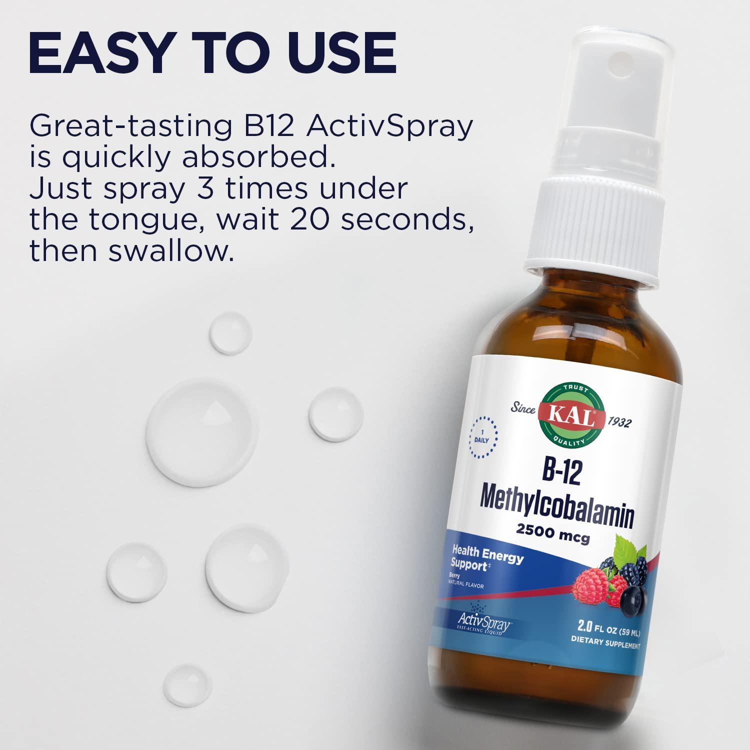 KAL KAL Vitamin B12 Methylcobalamin ActivSpray 2500mcg, Healthy Energy, Metabolism, Nerve & Red Blood Cell Support,* Fast-Acting Liquid B12, Maximum Absorption, Natural Berry Flavor, 80 Servings, 2 fl oz