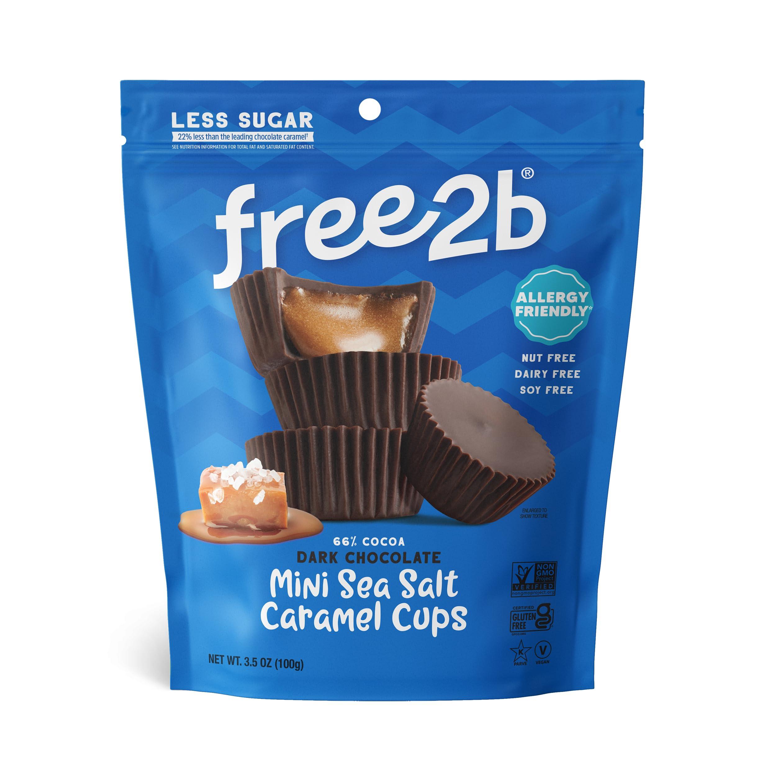 Free 2b Free 2b Sea Salt Caramel Mini Cups, Safe for School and Allergy Friendly - Gluten-Free, Dairy-Free, Nut-Free, and Soy-Free - Dark Chocolate, 3.5 oz Resealable Bag (Pack of 3)