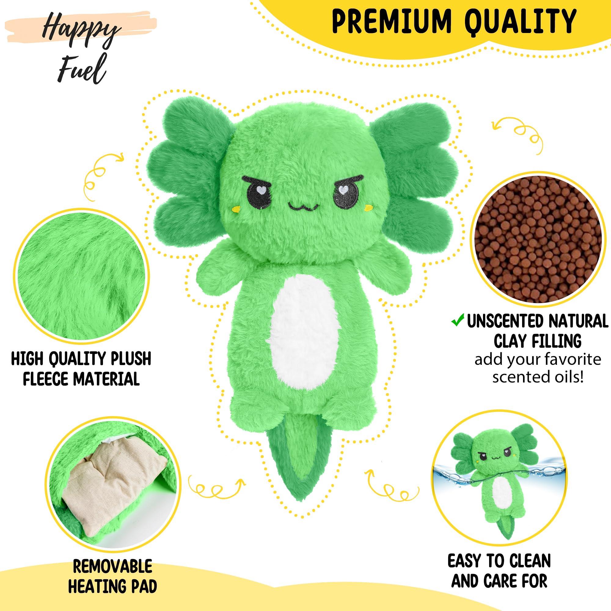 Happy Fuel Green Axolotl Microwavable 1.5 lbs Unscented Heating Pad for Women and Kids- Cute Soft Cozy Pillow Plush Heatable Warm Stuffed Animals - Kawaii Hot and Cold Plushie - Axolotl Gifts for Girls and Boys