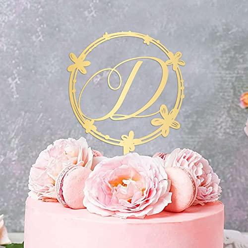 Cheyan Initial D Cake Topper, Personalized Letter Gold/Silver Glitter Cake Topper, Monogram Wood/Acrylic Wedding Topper, Wreath Cake Topper for Birthday Rustic Anniversary Party Supplies, Made in USA