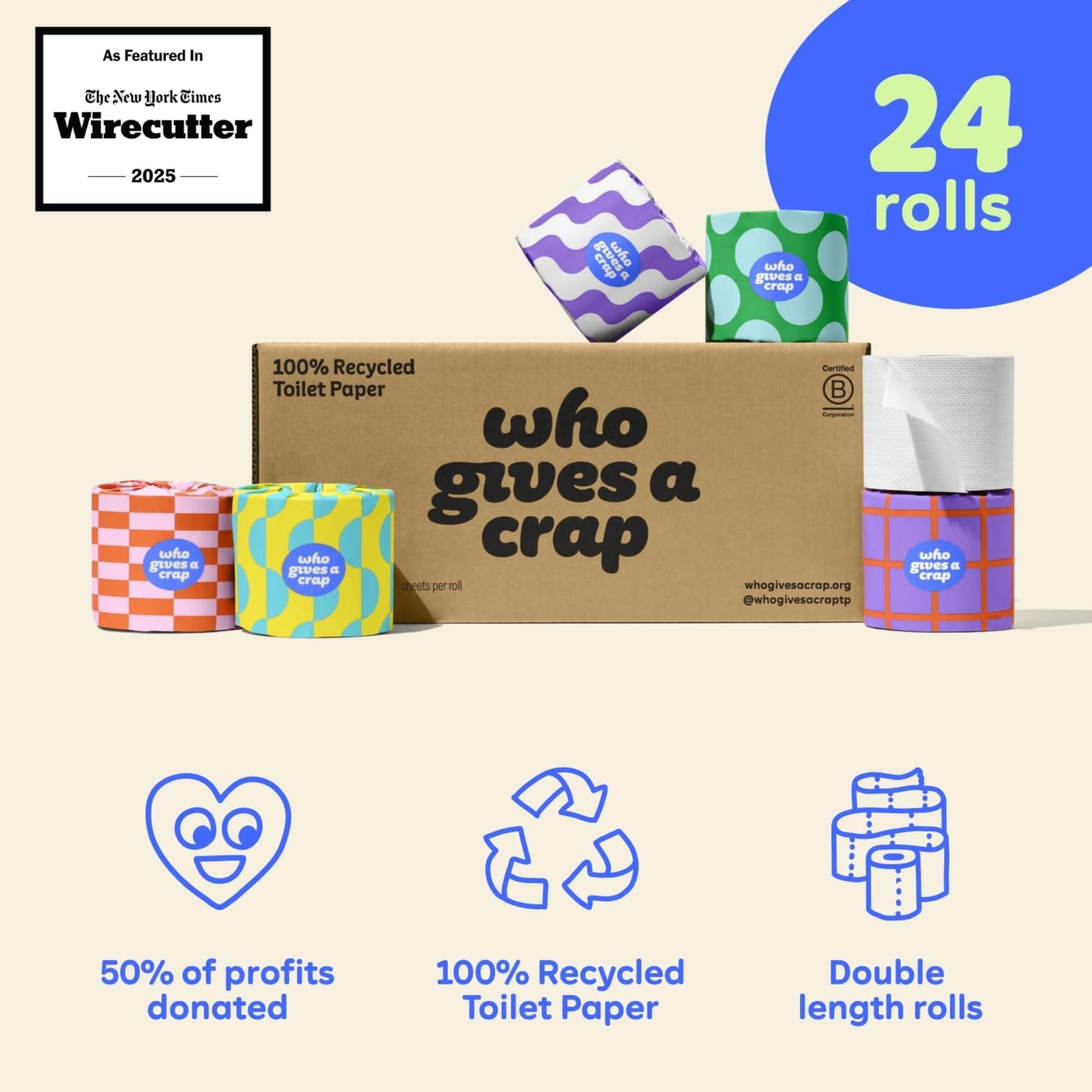 Who Gives A Crap Who Gives A Crap | 100% Recycled Toilet Paper, 24 Rolls, 330 Sheets, Biodegradable & Ecofriendly, Soft & Strong, Virgin Tree Free, Bulk Toilet Paper