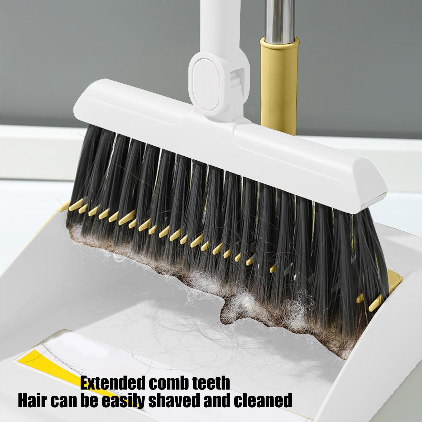 CENGNIAN Brooms for Sweeping Indoor 180 Degree Rotatable Standing Storage Buckle Type Brooms and Dustpan Set with Scraping Teeth and Scraper Deep Cleaning Suitable for Home