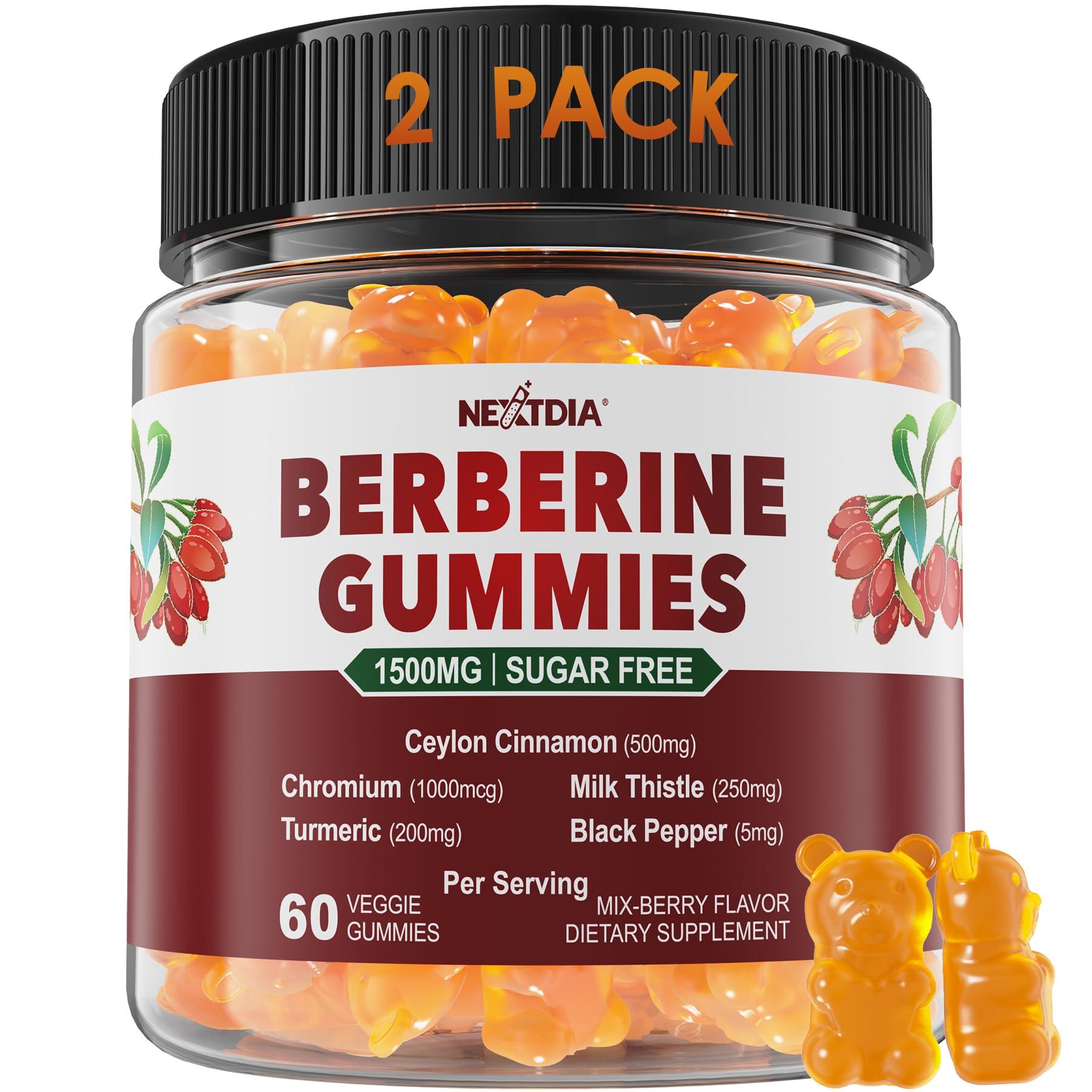 Nextdia Berberine Supplement 1500mg, Sugar Free Berberine with Ceylon Cinnamon Gummies w/Chromium, Turmeric, Milk Thistle for Naturally Metabolism Balanced, Berberine HCl from Indian Barberry Extract, 2 Pack