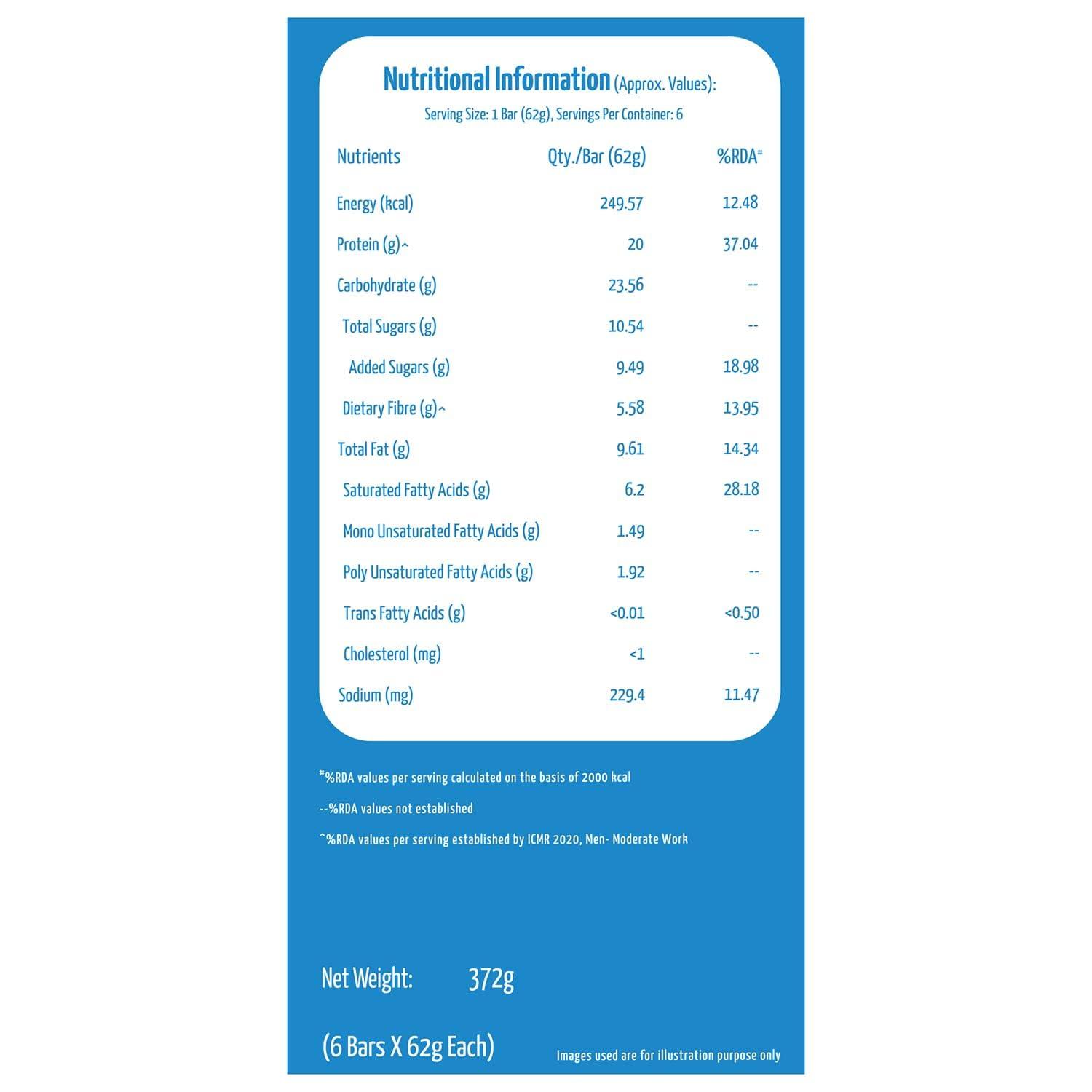 Generic 20 gram Protein Bar, Cookies & Cream, Protein Blend, Fibre, 100% Veg, Gluten-Free, Healthy Protein Snacks, For Energy & Fitness (Pack of 6)