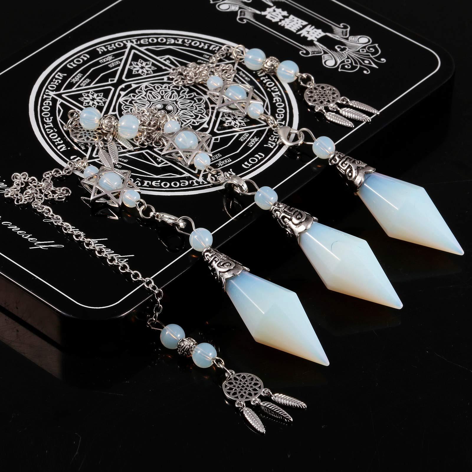 SUNYIK SUNYIK Faceted Healing Crystal Point Pendulum for Divination Pointed Quartz Stone Pendant with Merkaba Star and Dream Catcher, Opalite