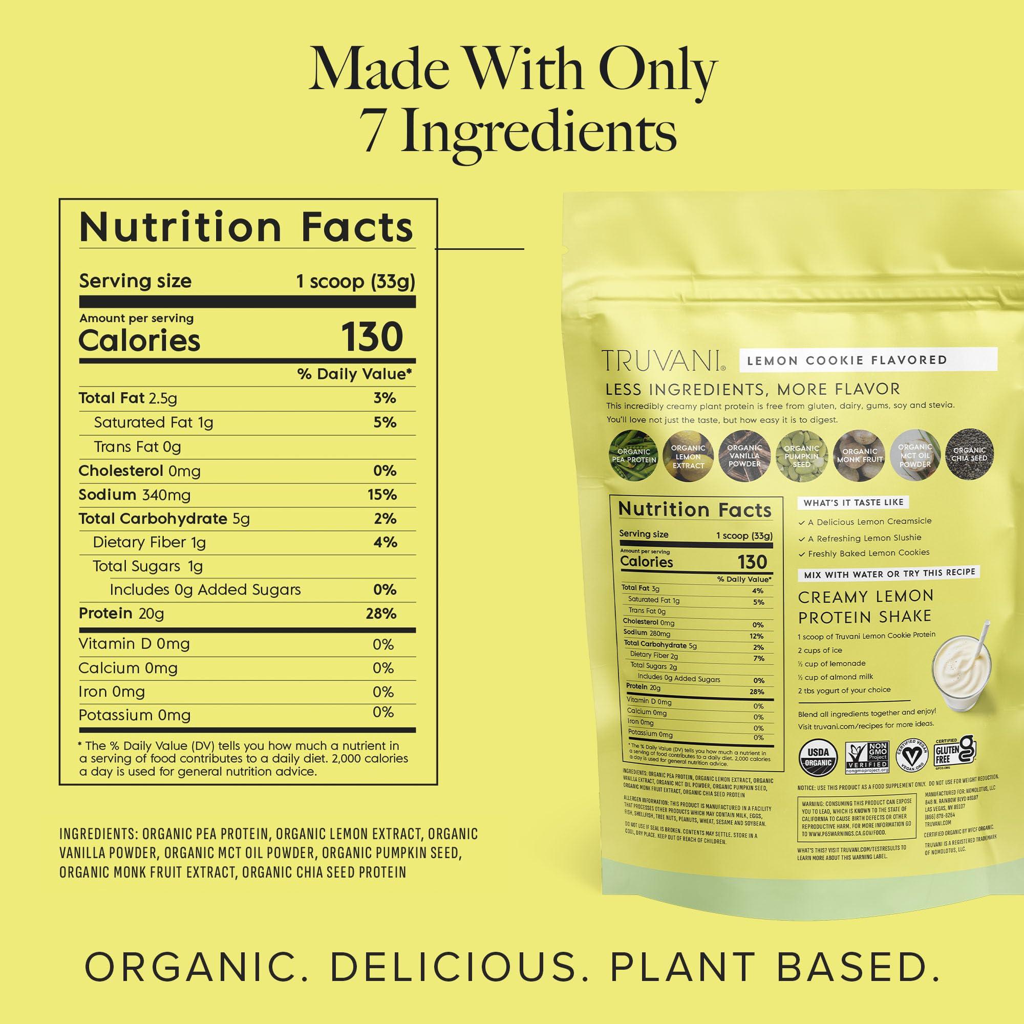 Truvani Truvani Vegan Pea Protein Powder | Lemon Cookie | 20g Organic Plant Based Protein | 20 Servings | Keto | Gluten & Dairy Free | Low Carb | No Added Sugar