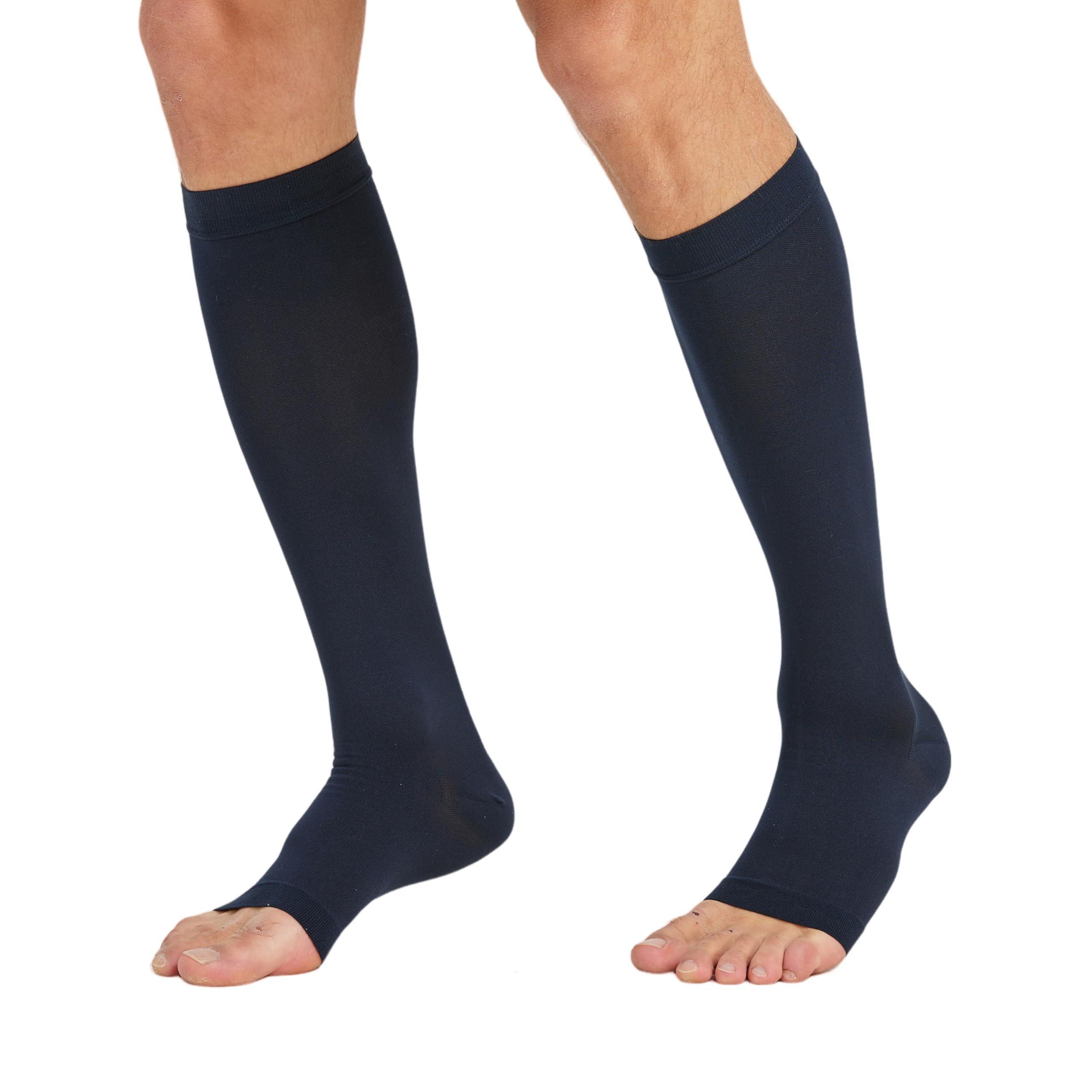 MGANG MGANG 20-30 mmHg Compression Stocking for Men and Women, Medical Compression Socks, Knee High Length, Open Toe, for DVT, Varicose Veins, Relief Shin Splints, Edema, Navy Blue X-Large