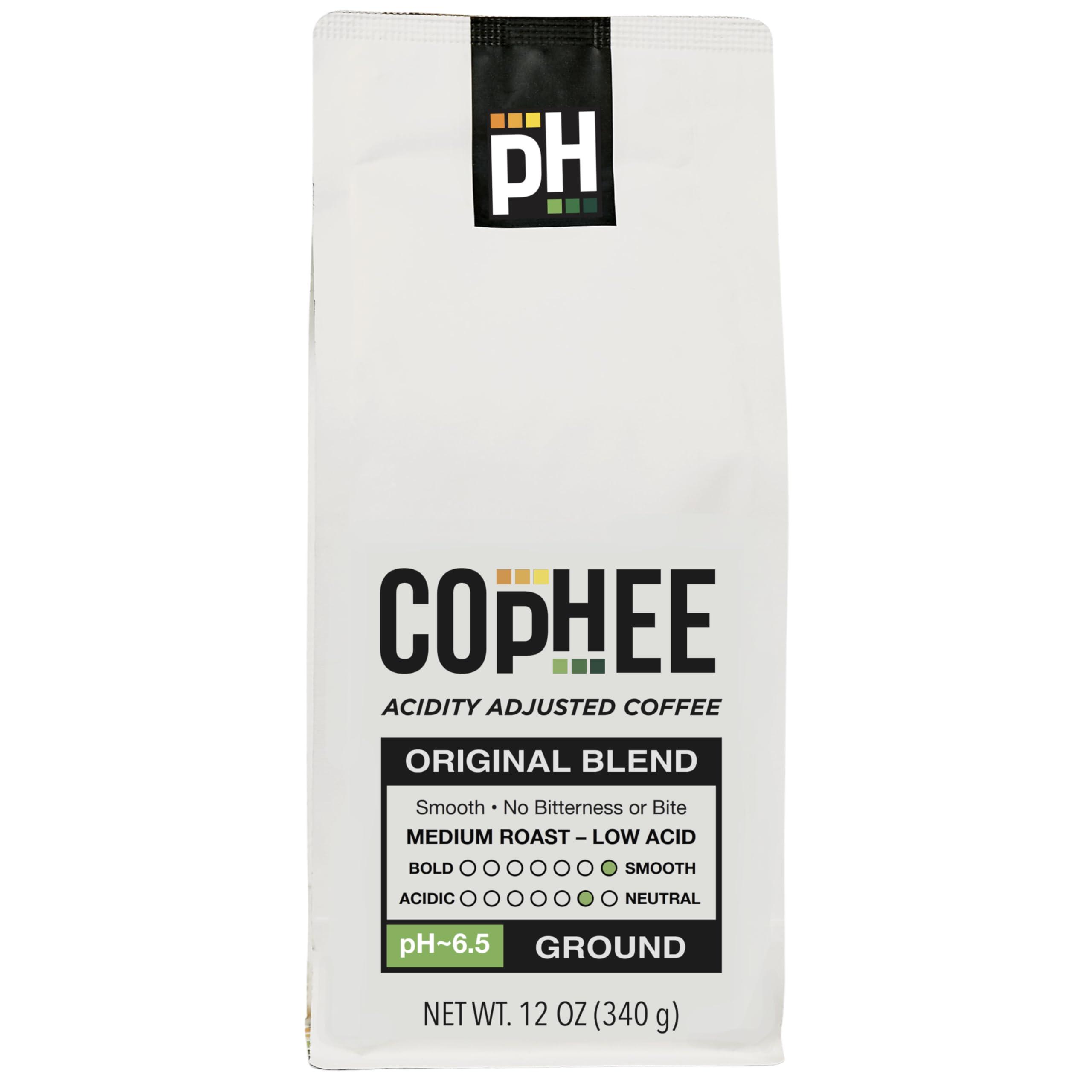 COpHEE Electrolyte Infused Low Acid Coffee by COpHEE - Ground Medium Roast - Smooth Non-GMO Arabica Coffee - Designed for Sensitive Stomachs, Acid Reflux, and Heartburn - Original Blend 12 oz bag