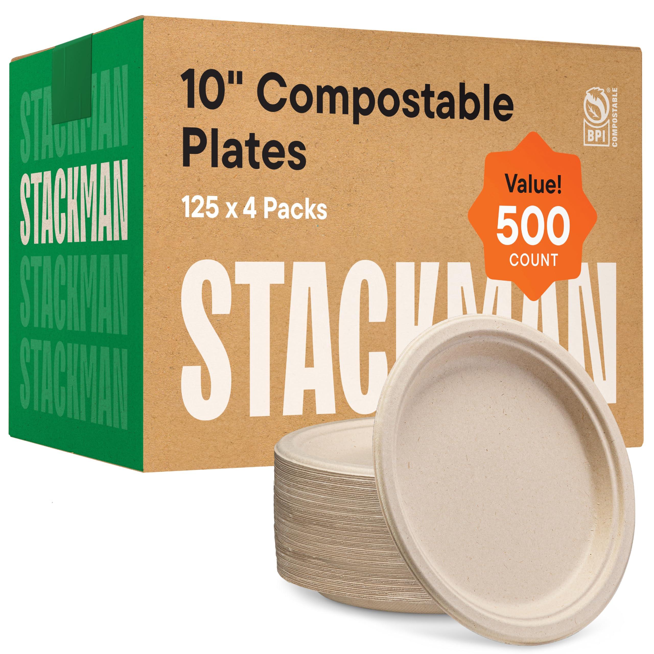Stack Man 100% Compostable Paper Plates 10 Inch Bulk [500 Count] Heavy-Duty Dinner Plates - Natural Brown Color Unbleached Bagasse - Eco-Friendly Disposable Biodegradable Sugarcane Plates - [Case 4/125 Pack]