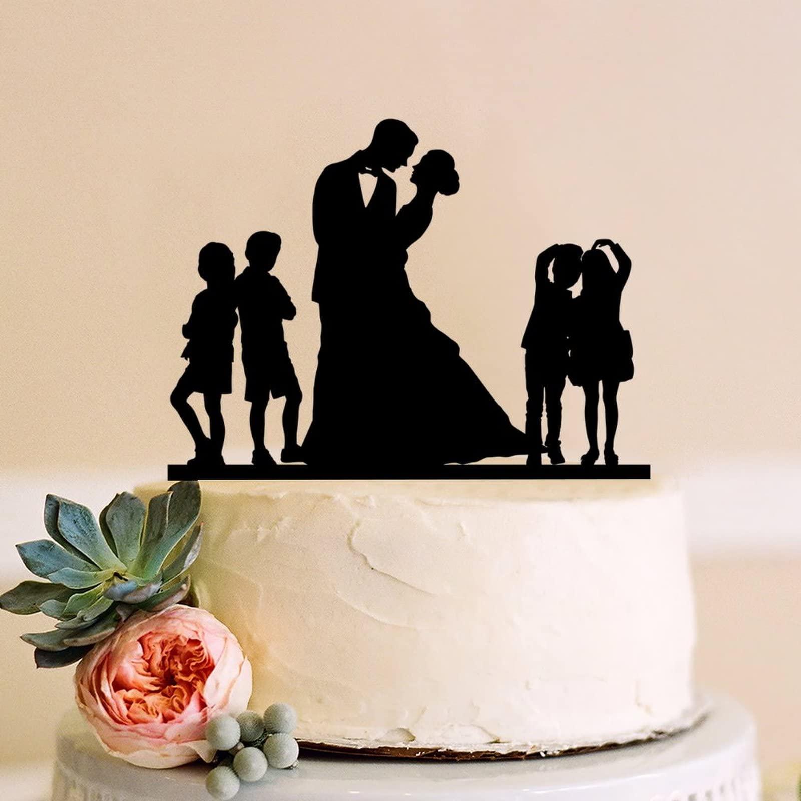 Sxaqcup Four Kids Family Bride And Groom Cake Topper with Kids, Blended Family Wedding Topper Rustic Gift Wedding Engagement Anniversary Cake Decorations Party Favors.