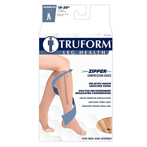 Truform Truform Zipper Compression Stockings, 15-20 mmHg Medical Socks, Women and Men, Knee High, Open Toe, Beige, Medium