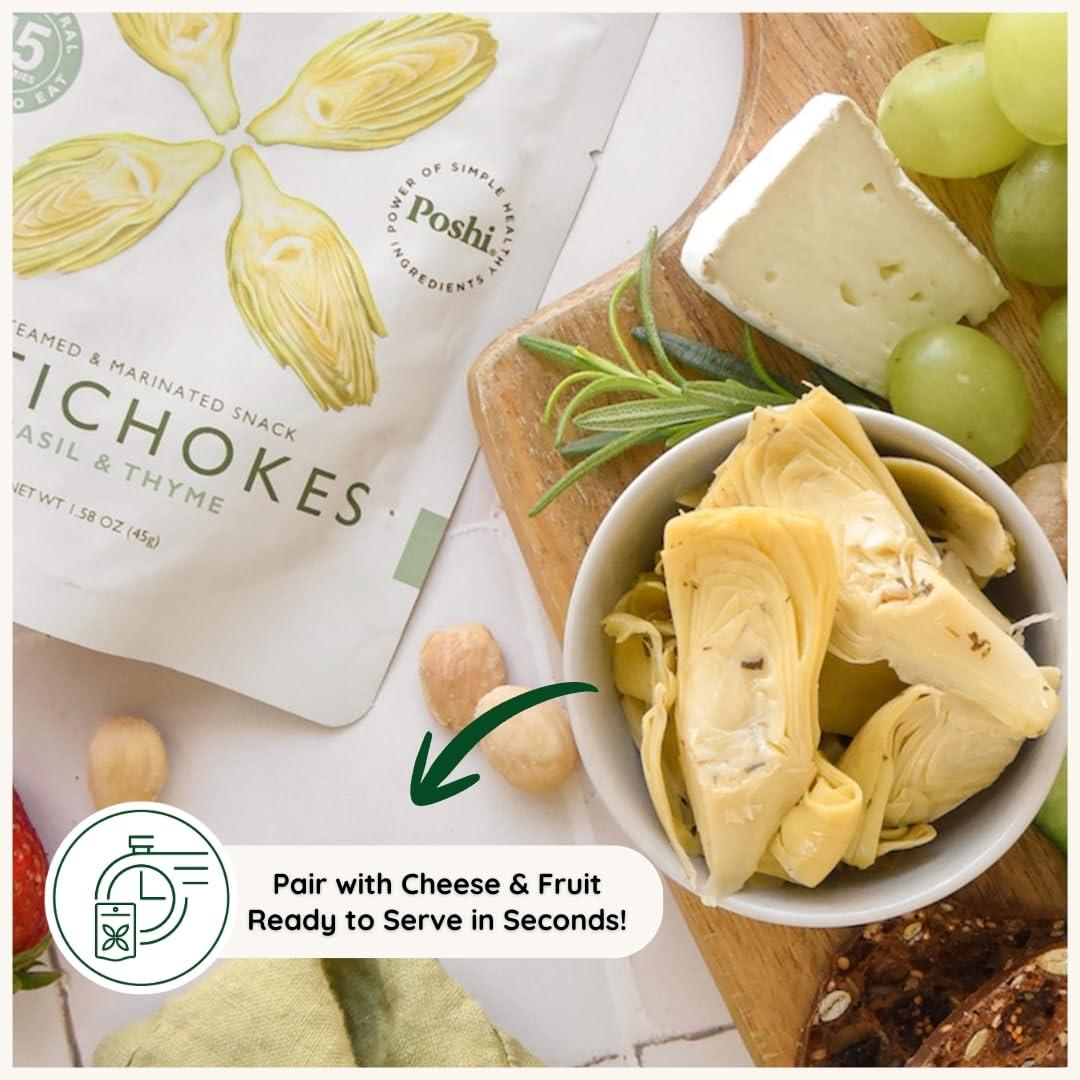 Poshi POSHI Marinated Artichoke Hearts Snack Pack | Basil + Thyme | Keto, Vegan, Paleo, Non GMO, Low Carb + Calorie, Gluten Free, Fully Cooked Vegetables, Gourmet, Healthy, All Natural (10 Pack, 1.58 oz)