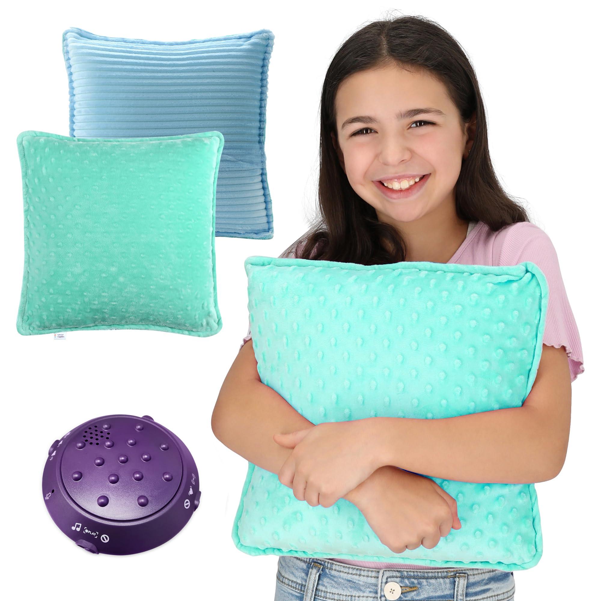 Special Supplies Special Supplies Vibrating Pillow Sensory Pressure Activated for Kids and Adults, 12 x 12 Plush Minky Soft Cover with Textured Therapy Stimulation Bumps, Blue and Green