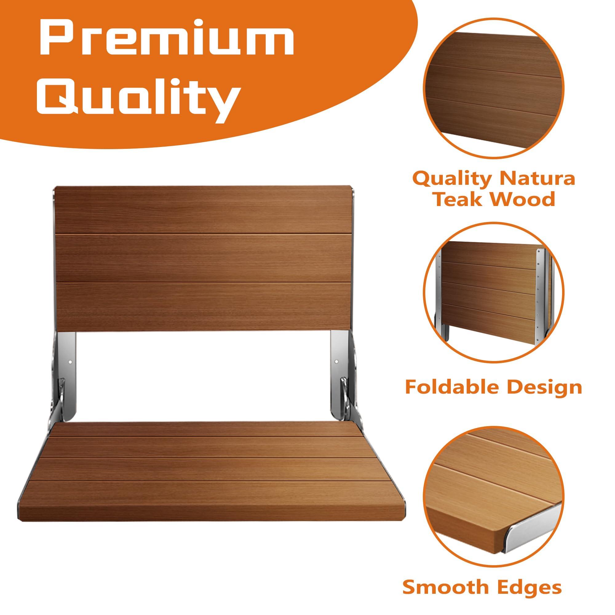 koretech Teak Shower Bench 20'', Folding Shower Chair Wall Mounted, Wood Folding Shower Seat, Teak Shower Bench for Inside Shower, 500 lbs Capacity, Silver