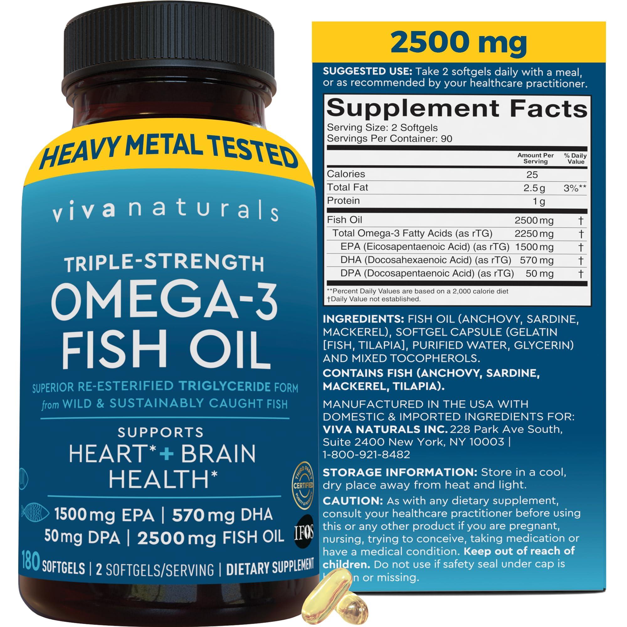 Viva Naturals Triple Strength Omega 3 Fish Oil Supplement for Men and Women 2500 mg High-Potency, Easy-to-Absorb Re-esterified Triglyceride Form, Pescatarian-Friendly DPA EPA DHA Omega 3 Supplement, 180 Softgels
