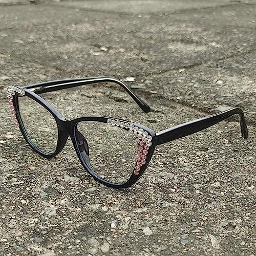 willochra willochra cat eye Bling Rhinestone Reading Glasses For Women Fashion Blue Light Blocking Reading Reader Computer Eyeglass (black, 1.25, multiplier_x)