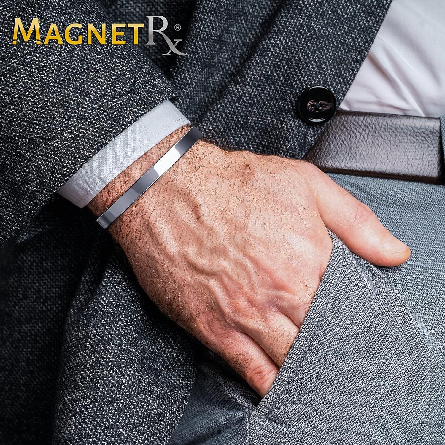 MagnetRX MagnetRX® Magnetic Bracelets for Men - Elegant Bangle, Golf/Tennis Elbow & Balance - Men’s Cuff Magnetic Bracelet (Polished Silver | Medium)