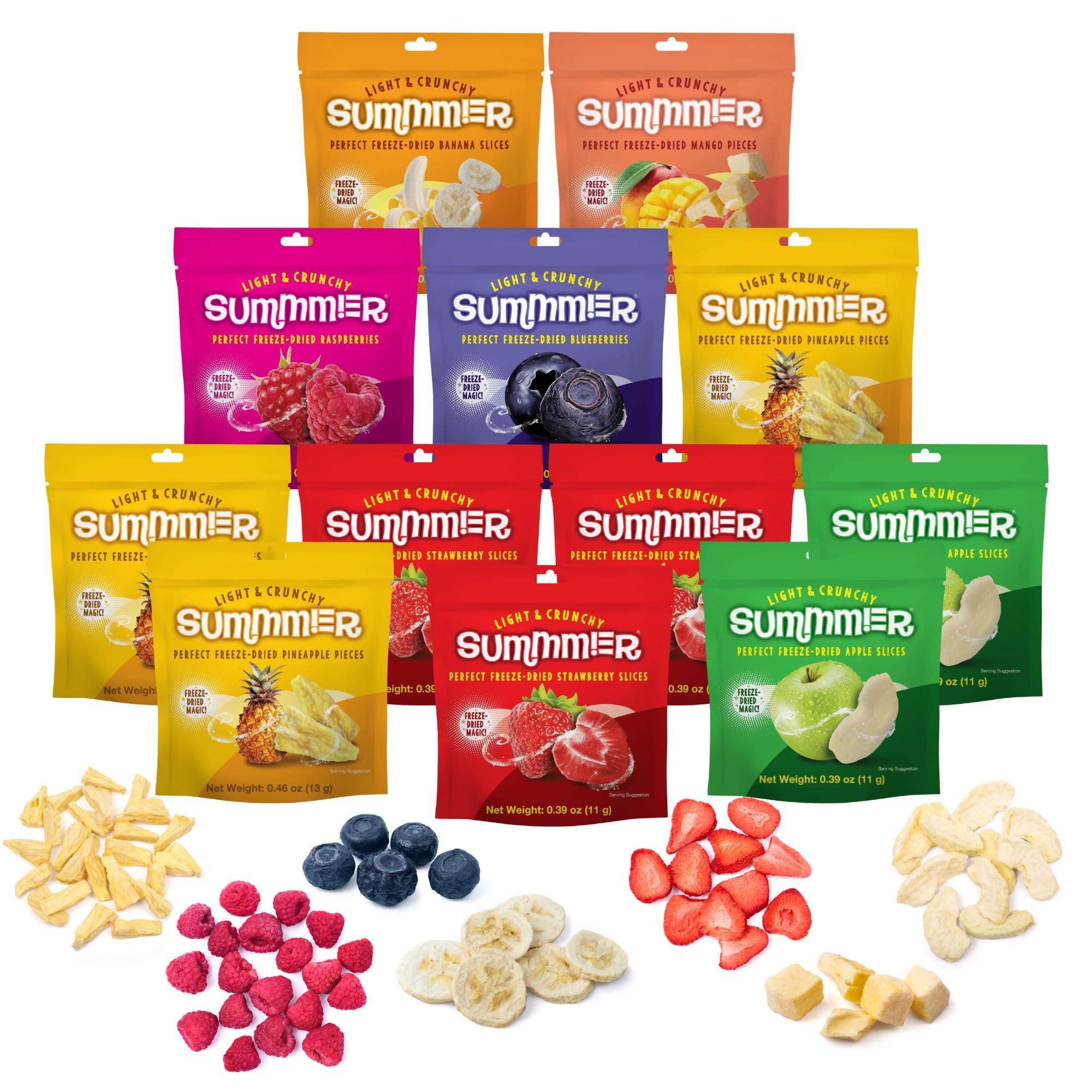 SUMMMER Freeze Dried Fruit Mix - 12 Dried Fruit Snacks Individual Packs Strawberry, Raspberry, Pineapple, Mango, Banana, Blueberry, Apple - No Added Sugar, 100% Natural Freeze Dried Snacks