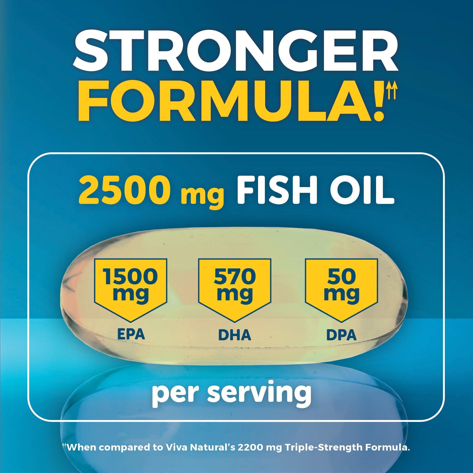Viva Naturals Triple Strength Omega 3 Fish Oil Supplement for Men and Women 2500 mg High-Potency, Easy-to-Absorb Re-esterified Triglyceride Form, Pescatarian-Friendly DPA EPA DHA Omega 3 Supplement, 180 Softgels
